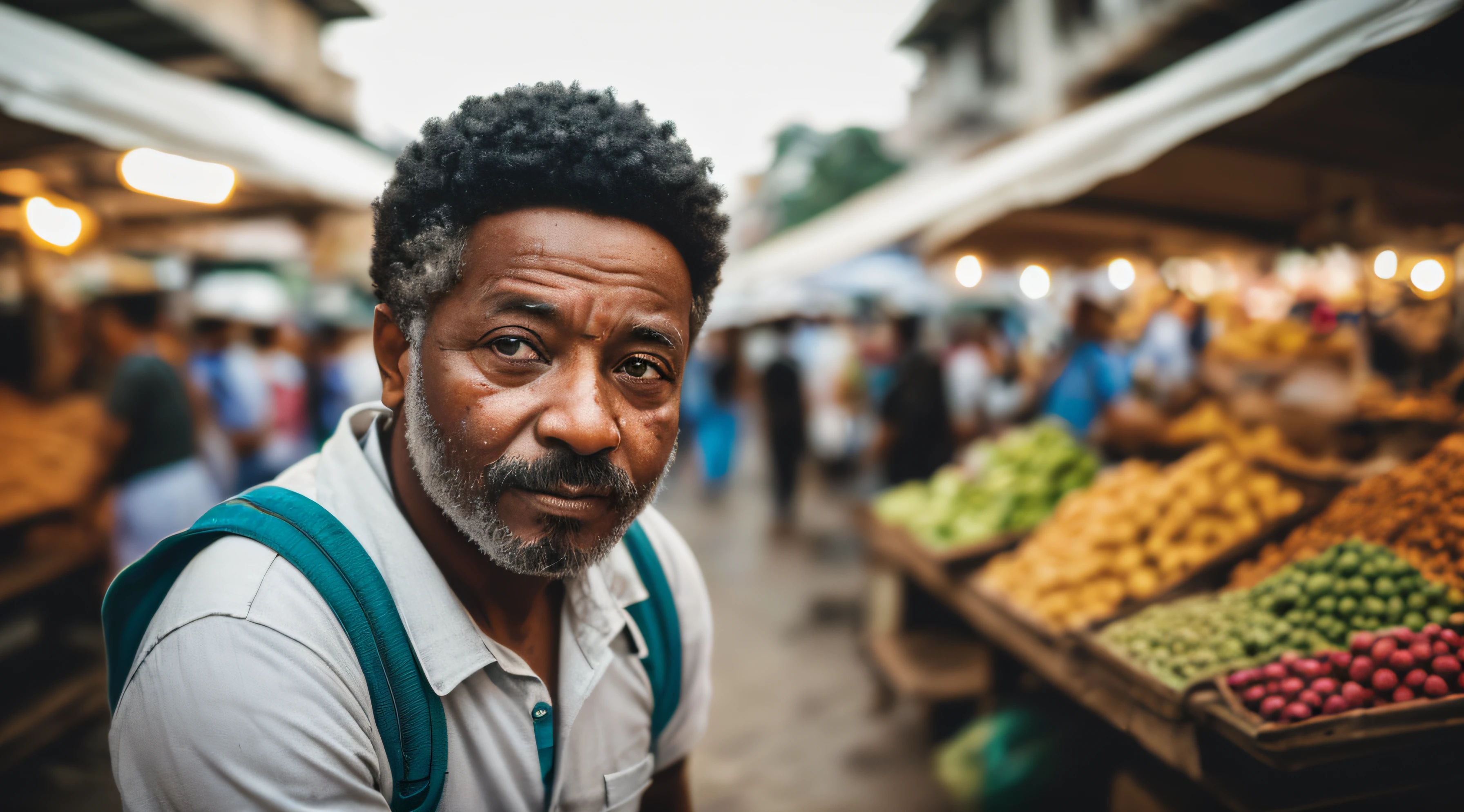 foto de um retrato de pobre trabalhador velho em trapos, ((fadiga esmagadora), rugas da idade, mercado de rua ao fundo, arenoso, Messy, rosto, meio corpo, corpo, natureza, pele altamente detalhada, minha, tempo sensual, sem vento, 8k uhd, dslr, soft-lighting, alta qualidade, grain of film, Fujifilm XT3