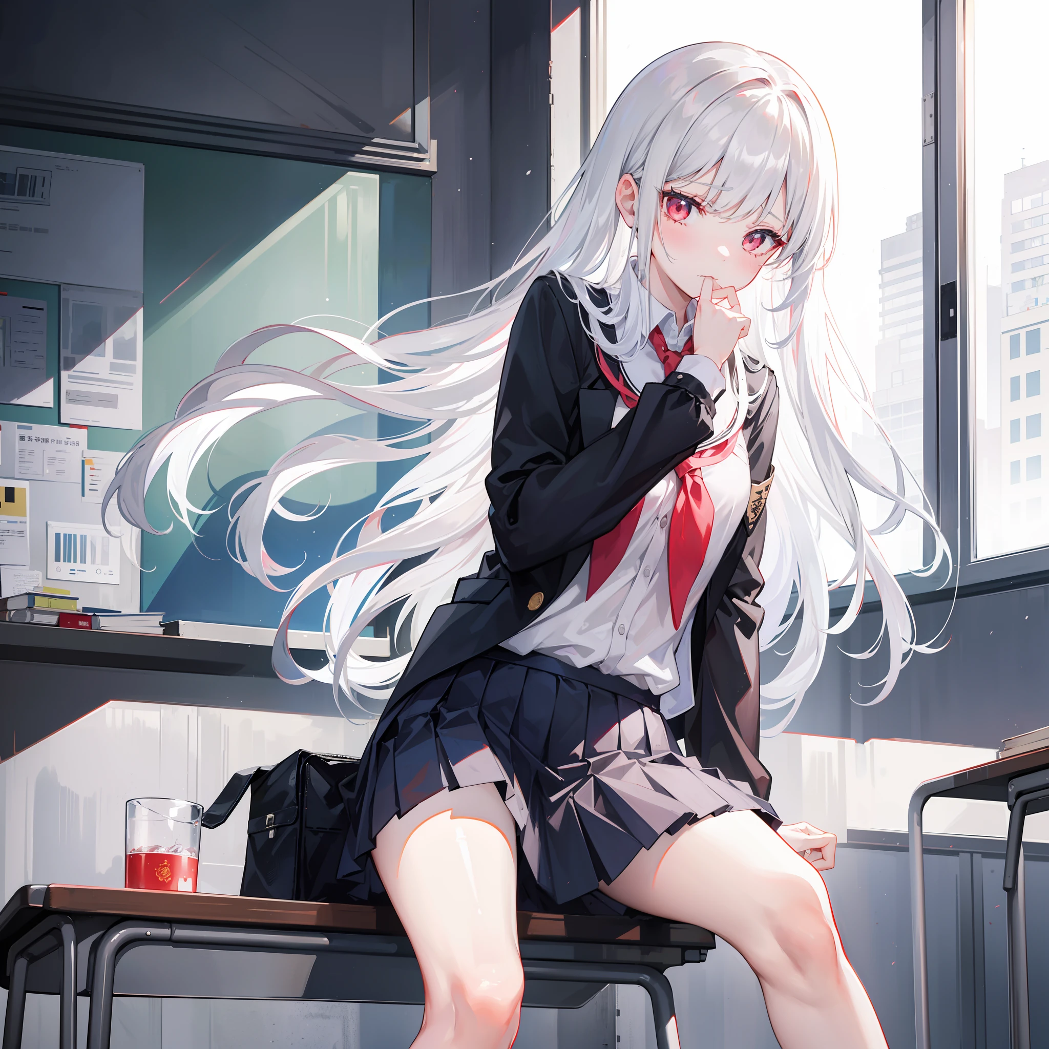 1 long hair，girl wearing school uniform，Superskirt，Silvery-white hair，looks away，Sit and open your crotch，embarressed，Be red in the face，weeping，Mouth closed，‎Classroom（Girl leaking urine）