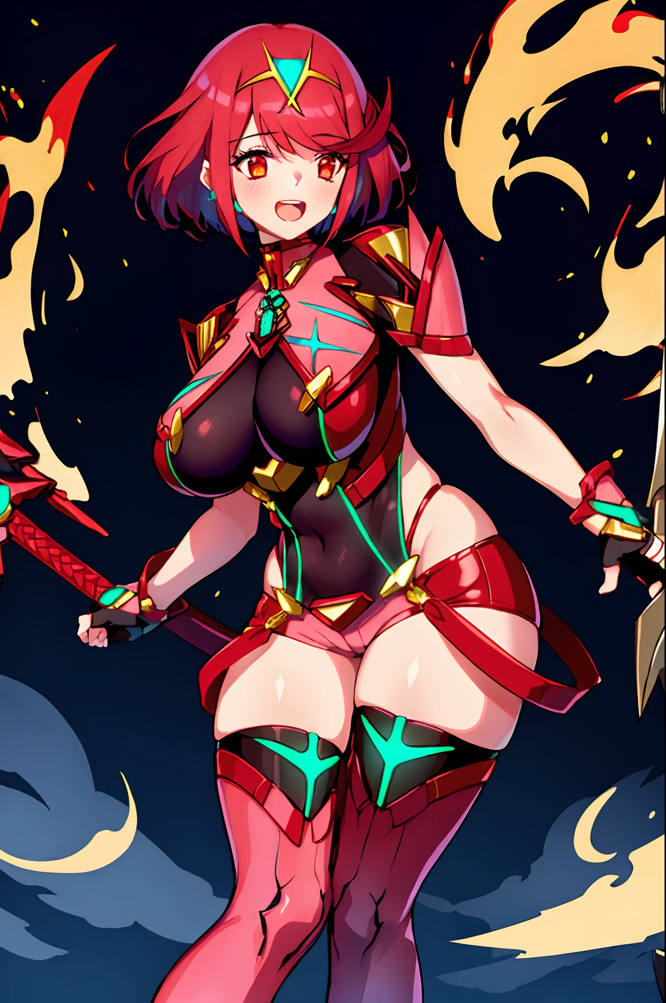 pyra \(xenoblade\), _1girl, armor, bangs, black gloves, breasts, red eyes, closed mouth, earrings, eyelashes, fingerless gloves, floating hair, framed breasts, gem, gloves, hair ornament, headpiece, jewelry, big_breasts, leaning back, leotard, neon trim, official art, pose, red hair, red shorts, saitou masatsugu, short hair, short shorts, short sleeves, shorts, sidelocks, skin tight, solo, standing, swept bangs, thighhighs, tiara, night_prairie_background, turtleneck, underbust, vambraces, xenoblade chronicles \(series\), (xenoblade chronicles 2), apart_legs, fire_effect,dynamic_pose,fighting,light_smile, (plump:1.1), big_ass,huge_sword, hold_large_sword_hilt, solo, covered_nipples, covered_pussy,open_mouth,back_view, fists,