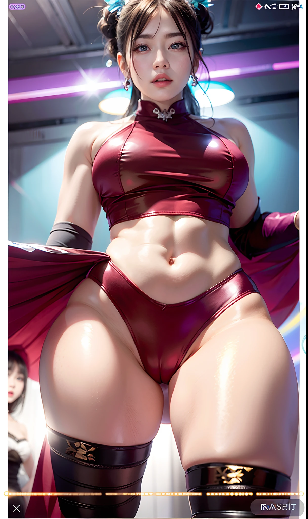 High quality fingers,Normal hands,detailed finger,Small waist,dark red colored hair,eBlue eyes,beauitful face,Perfect litthing,beatiful detailed eyes,looking at viewert,stunningly beautiful woman,detailed hairstyles,detailed back ground,Best quality shorts, 超高分辨率, Depth of field, color difference, Caustics, Broad lighting, naturalshadow, Kpop idol) tmasterpiece,Best quality,Portrait of 1girl,((best qualtiy)), ((tmasterpiece)), (the detail:1.4), 3D, hdr(HighDynamicRange),Ray traching,NVIDIA RTX,Hyper-Resolution,Subsurface scattering、PBR Texture、post-proces、Anisotropy Filtering、depth of fields、maximum definition and sharpness、Many-Layer Textures、Albedo e mapas Speculares、Surface coloring、perfectly proportions、rendering by octane、Two-colored light、largeaperture、Low ISO、White balance、the rule of thirds、8K raw data、Purple transparent bra,White lace transparent raised briefs,Clear black stockings