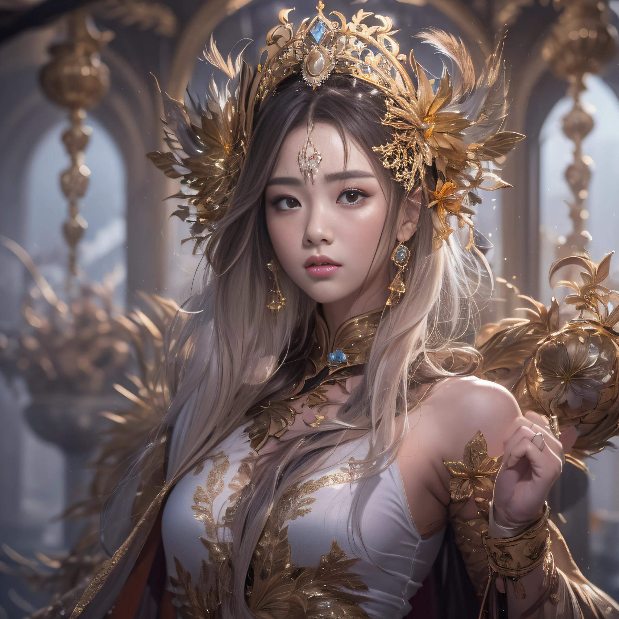 Korean, masterpiece, best quality, high quality, extremely detailed CG unity 8k wallpaper, (realistic, Photo real: 1.3), (RAW photo: 1.2), Woman body set medium breasts, exposed breasts, full and natural breasts, crisp breasts, tender white complexion, straight buttocks, (transparent tong), surreal, 8K, original photo, film grain, super high resolution, super detail, tall, very clear face, slender long legs, a pair of snow-white slender beautiful legs, like ivory carved jade legs, perfect proportion and length, stunning face, melon seed face, qiong nose cherry lips, eyebrows picturesque, amorous, charming, slender and slender waist, close-up of a woman in gold and white clothing, super detailed rendering, 3 D rendering character art 8 K, complex white and gold armor, full samurai armor fox, high detail iconic character, 8K rendering, octane rendering, octane rendering, super detail octane rendering, super detailed octane rendering, super detailed 3 d rendering, futuristic style fox demon --auto --s2