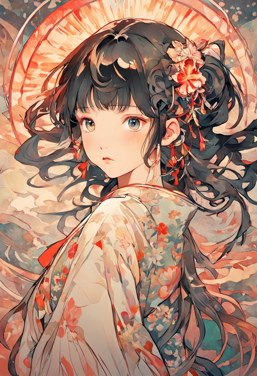 Japan beautiful girl with long black hair::style Mucha Style、Photorealsitic、Deformed、glitched、highcontrast ::seed 98