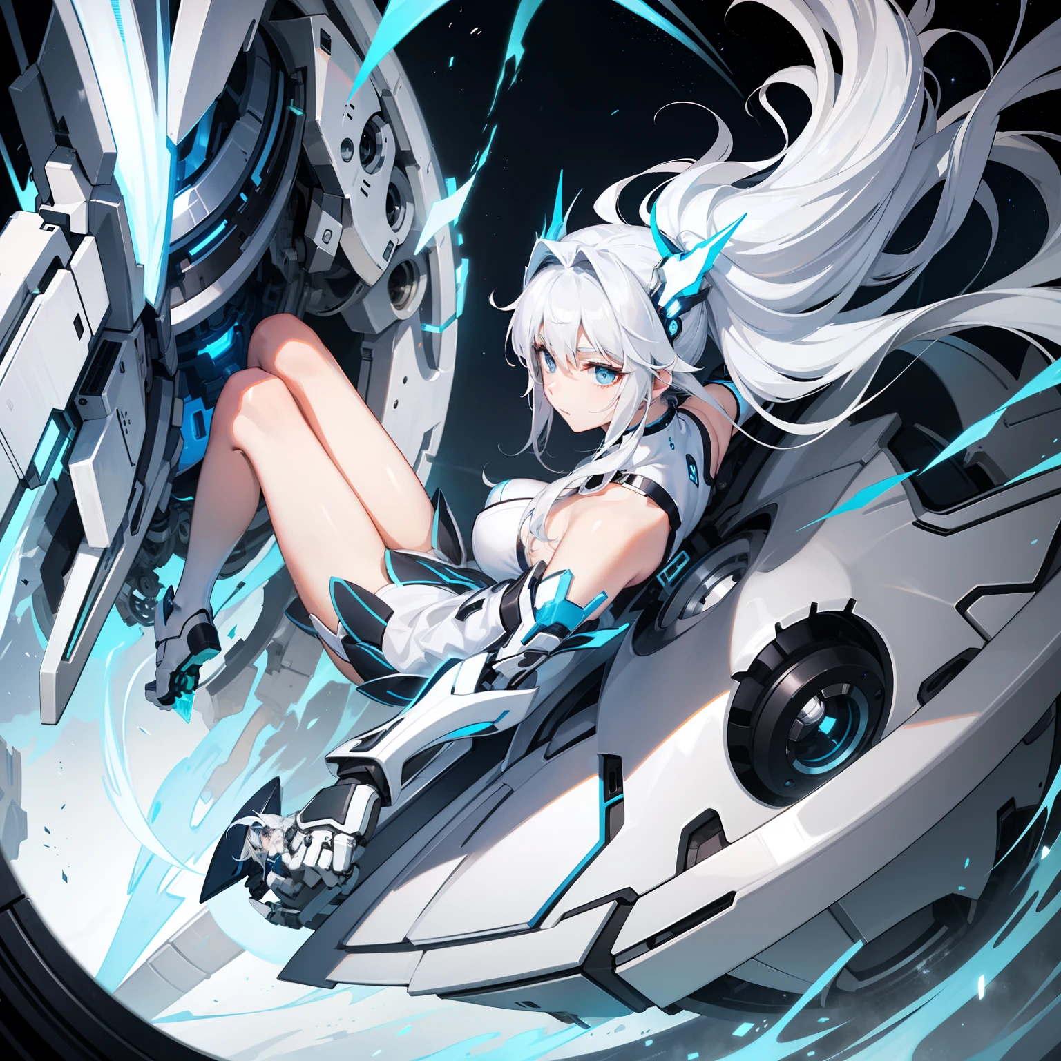 silver-white long hair,Blue-blue eyes,White low-cut dress,head gear,Machine feel,Machine with ice wings,White machine thighs,Leg depiction,Mechanical arm,the sleeve,expressiveless,Kizi