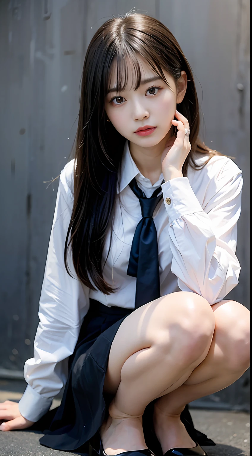 (8K, Raw photography, top-quality, ​masterpiece:1.2),  One Woman、Japan at the age of 18,fullllbody.{scinematic angle、Wide Angle}（Realistic Skins 1.4）、（（（female high-school student、School Uniforms、）））、{{{is standing}}（（School Uniforms、Cutter shirt、pleatedskirt、pumps、））、50mm Lens、30mm film、wide angles、（long、straight haired、）、（A dark-haired、The forehead is hidden by bangs、）、Black eyes、shinny skin.Beautiful delicate face、Beautiful delicate eyes、｛tiny chest、Voluptuous body shape、Thicker thighs｝、One piercing in each ear、simple background、Gray background、