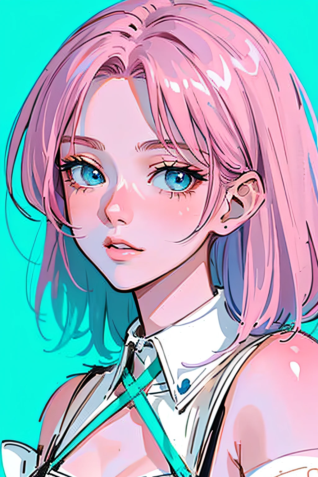 Close up of a person with pink hair and blue background, rossdraws pastel vibrant, Anime art style, Rosla 1. 0, clean and meticulous anime style, Realistic anime art style, stunning art style, lovely art style, semirealistic anime style, beautiful anime art style, Anime style portrait, Anime style. 8K, Digital anime illustration