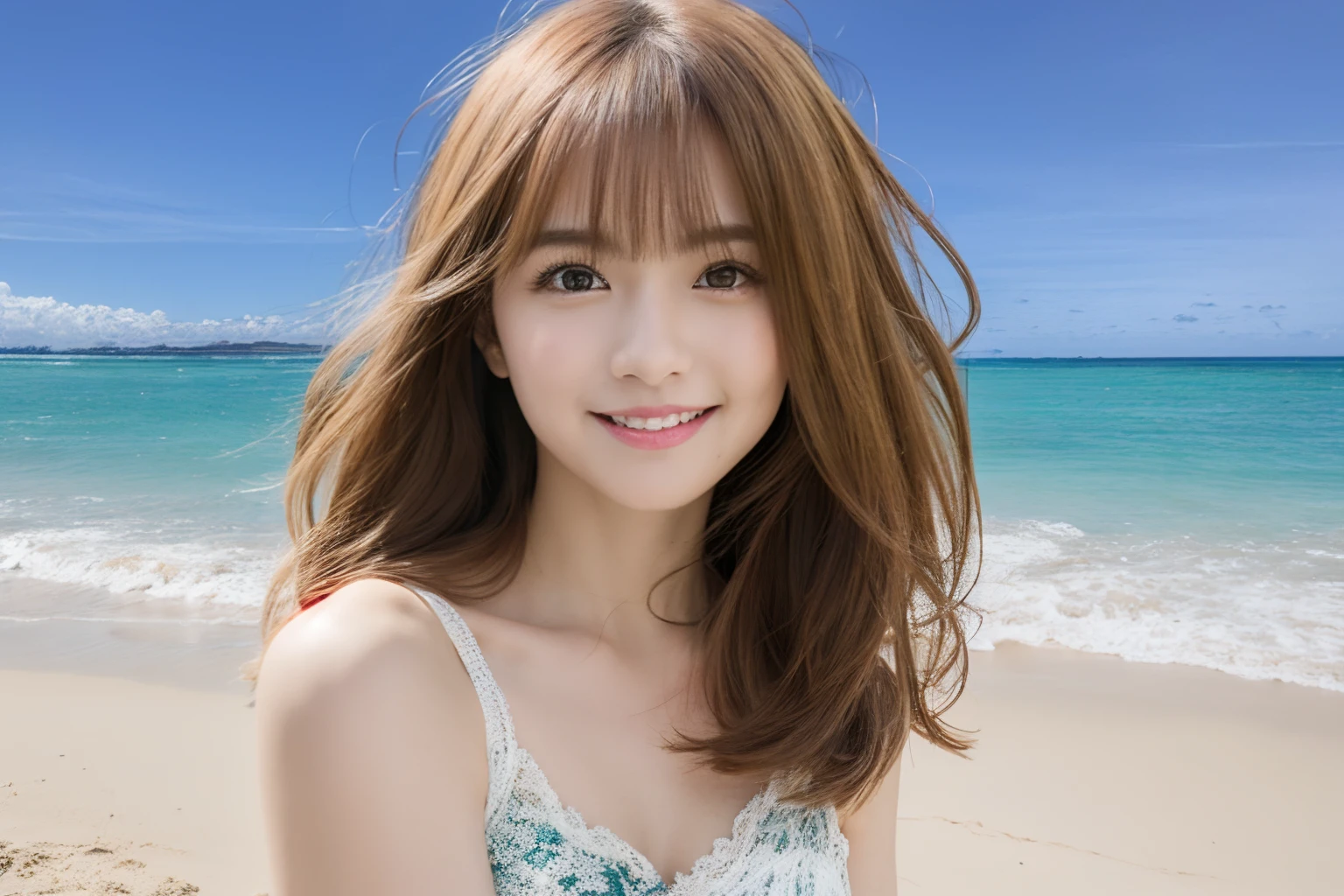 best quality, masterpiece, ultra high res, (photo realistic:1.4), full body, Stand on the beach near the sea, shoulder length hair, Japan idols, Cute Japan actress, Beautiful young Japan woman, Young adorable Japan face, portrait of japan idol, beautiful japan female