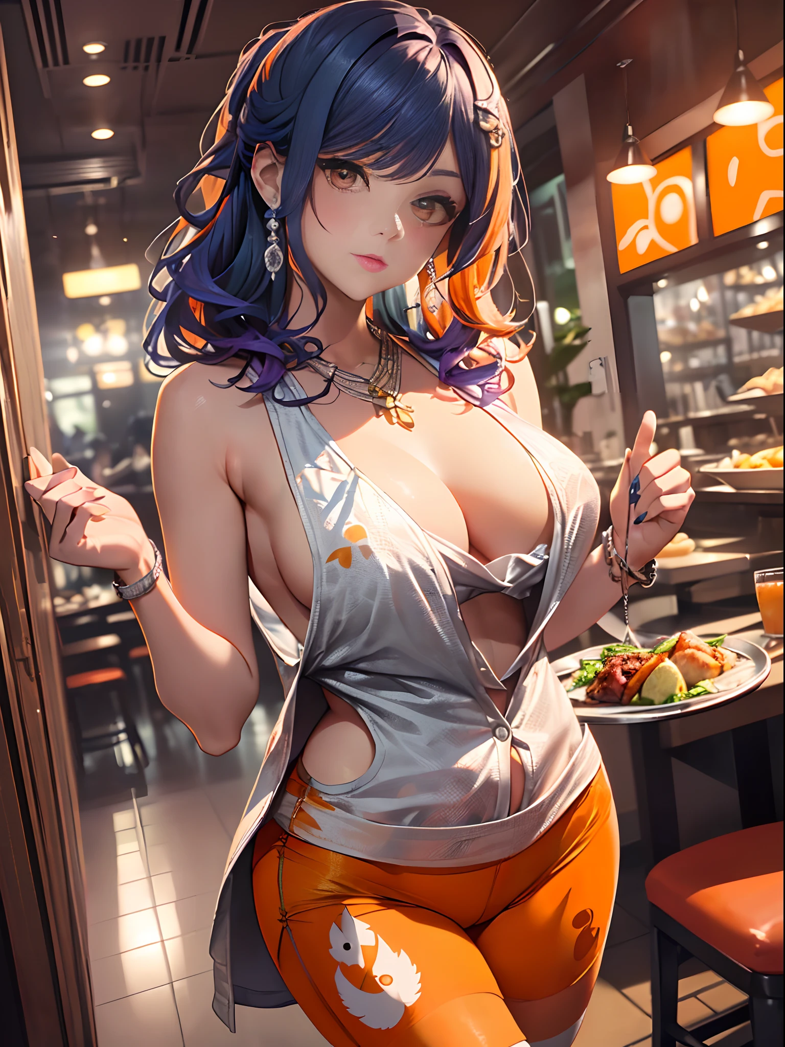 (restaurant, Waitress, standing, Tray in hand:1.2), (tight fit clothes:1.2), (Tight white vest:1.4), (Wear a white vest over a naked body:1.1), (Delicate orange-orange yoga shorts:1.4), (Wear orange yoga shorts over pantyhose),(Owl print on vest), (Hanging neckline:1.2), bare shoulders​, Plump thighs,