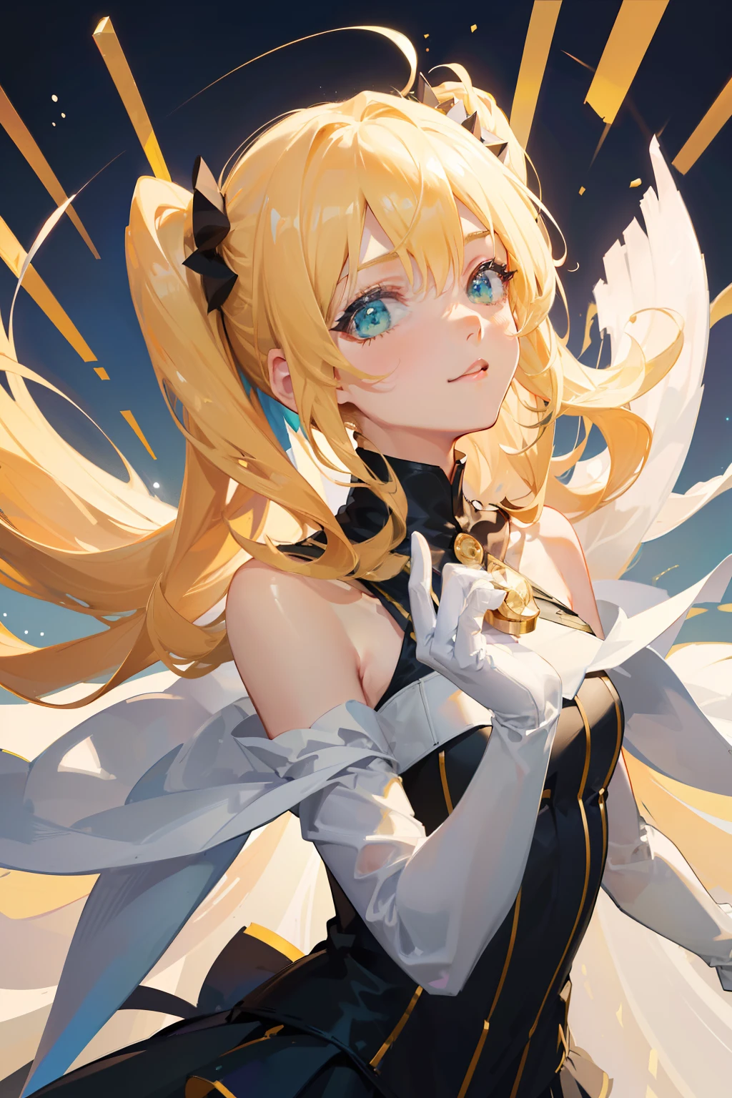 (Best Quality), (Master Picture), (Ultra Detail), (Detailed Gaze Description: 1.0), (Lens Flare: 1.0), (Movie Poster: 1.0), (Tarot Border: 1.0), Portrait is Centered, (Close-up: 1.0), (Negative Space: 1.6), (Solo), (Floating Colorful Web: 1.0) (many colorful spikes: 1.0), (floating water droplets: 1.0), (water magic: 1.0), (mottled sunlight, rays, caustics: 1.2), (iridescent: 1.0), (beautiful detailed glow: 1.0), (leaning back: 1.2), (determined look: 1.0), (small: 1.0), (mouth closed: 1.0), (blond hair: 1.4), (long hair : 1.0), (Facing the viewer: 1.3), (Head tilt: 1.0), (Dynamic Pose: 1.1), (Asymmetrical hair: 1.2), (white, (casual, casual clothing), (Layered skirt), (Green crystal eyes: 1.4), Diagonal bangs, High twin tails, Drill hair, Long coat, (Floating Cape: 1.0), (Abstract background: 1.4), ( : 1.1), (jumping: 1.1), (tan: 1.1), (upper body: 1.25), thinking, bare shoulders, bodysuit, (white gloves: 1.3)