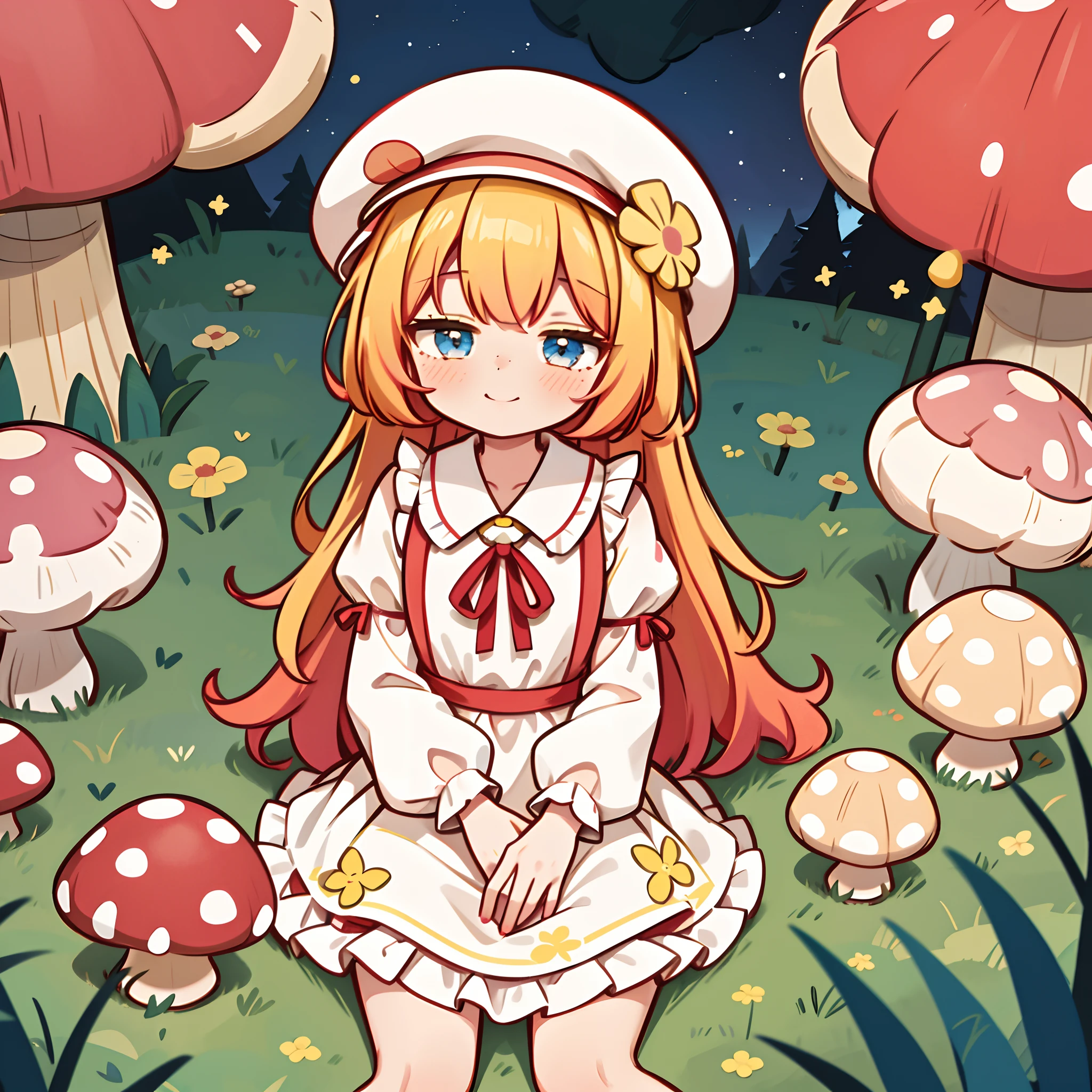 1 girl, solo, (chibi), cute, girl, musroom, musroom hat, fluffy dress, white-red dress, frills, frilled skirt, puffed sleeves, red mushroom, colorful musrooms, smiling, closed mouth, (spilt color hair:1.4), (yellow hair:1.3), red apron, white dress, blue eyes, small freckles, forest, sitting on grass, looking at viewer, cowboy shot, from above, pastel colors, soft colors,