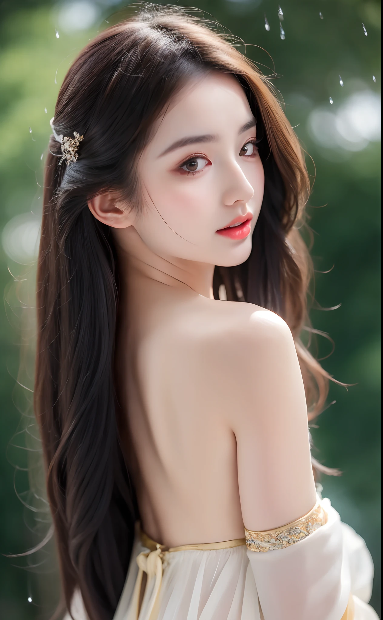 Beautiful Japanese supermodel woman, A lock of hair with slight highlights, black eyes, mixed media, Sexy，Sakura background，Gorgeous kimono , Liquid color flows across her face, Backlight