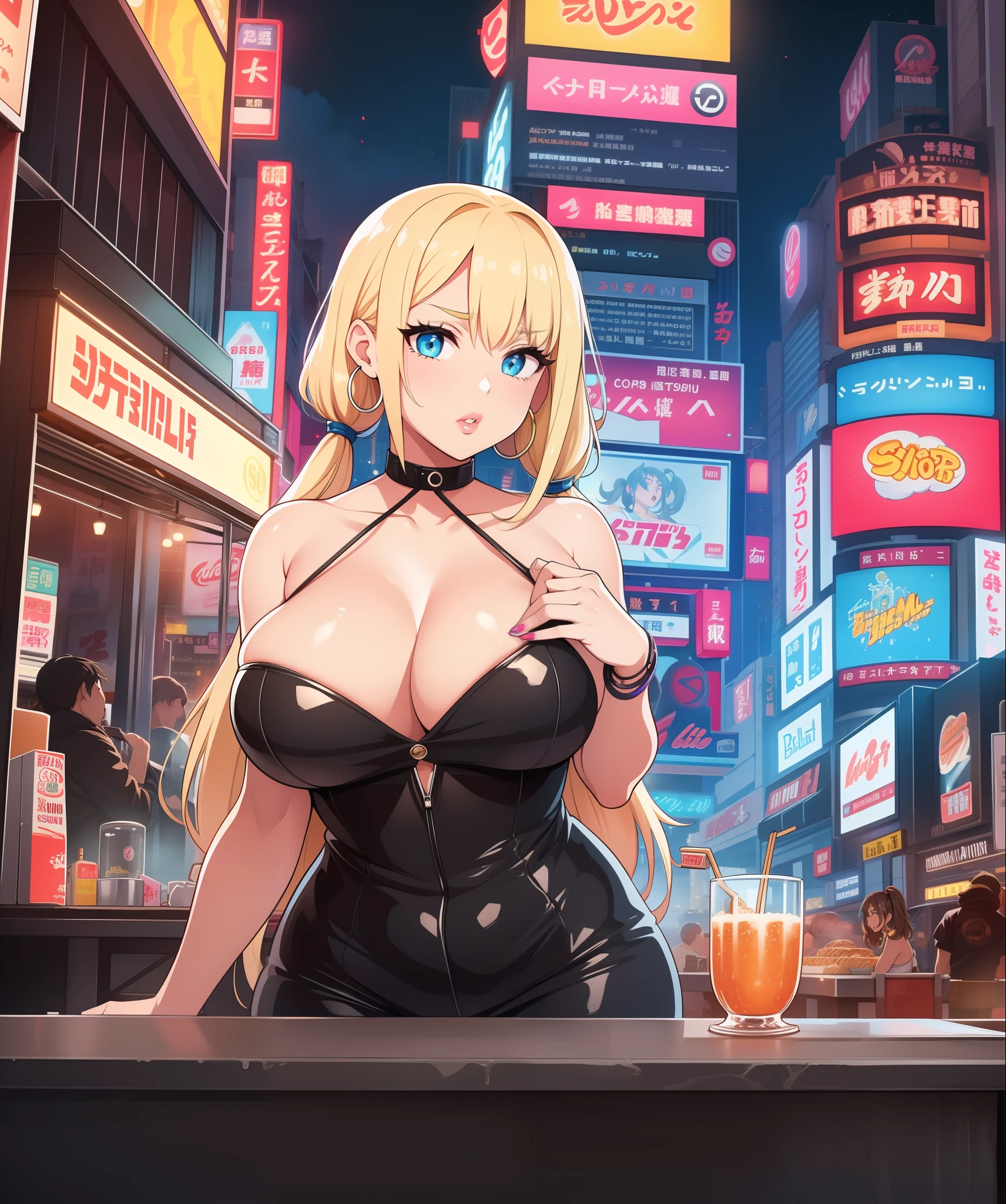 1girl, (((bimbo))),hoop earrings, puffy lips, painted lips, thick lips.
blonde hair, short twintails, wide hips, thick thighs, bursting breasts Nightlife, Night city, Cyberpunk city, futuristic cityscape. Neon lights, (skyscraper:1.1), Tokyo tower, palm tree, cloth sign, ramen stall, night club. bright city lights, exotic car. alcohol, bar, ramen, soup stall ,alcohol bottles,