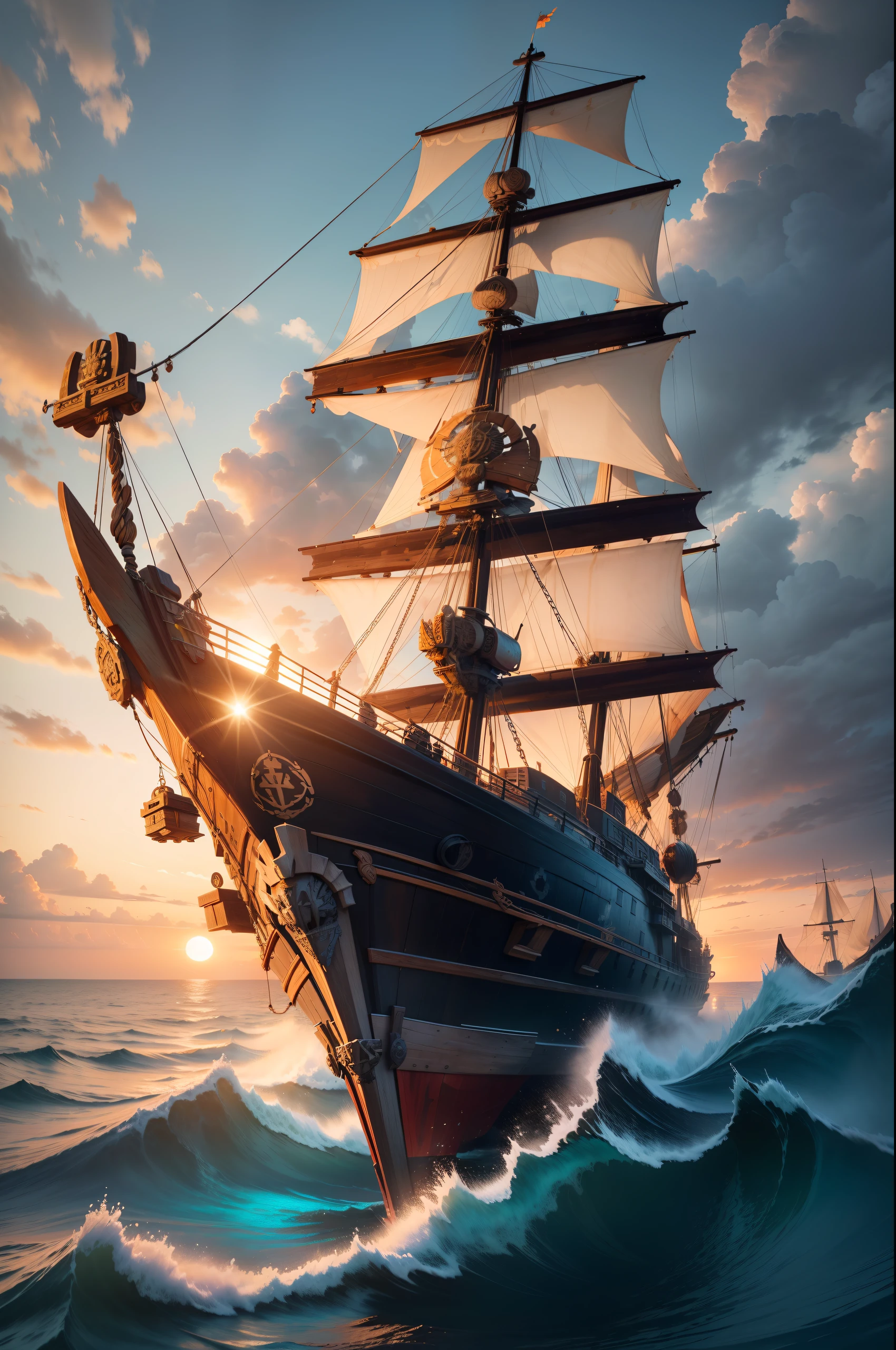 Set against a stunning sunset, a (huge tall ancient wooden galeon:1.5) braves the wild seas. The sky is ablaze with hues of blue and turquoise, contrasting with the majestic sails of this ancient ship dominating the picture. flying dutchman, sovereign of the seas, seven provinces, eendracht, photorealistic, scenery,absurdres,hyper realistic lifelike texture dramatic lighting unrealengine trending on artstation,award winning photo,nikon RAW photo,64k,masterpiece, best quality,  cinematic, detailed, realistic, 8k uhd, high quality, (****), eldritch, misty, volumetric lighting, --DPM++ SDE Karras