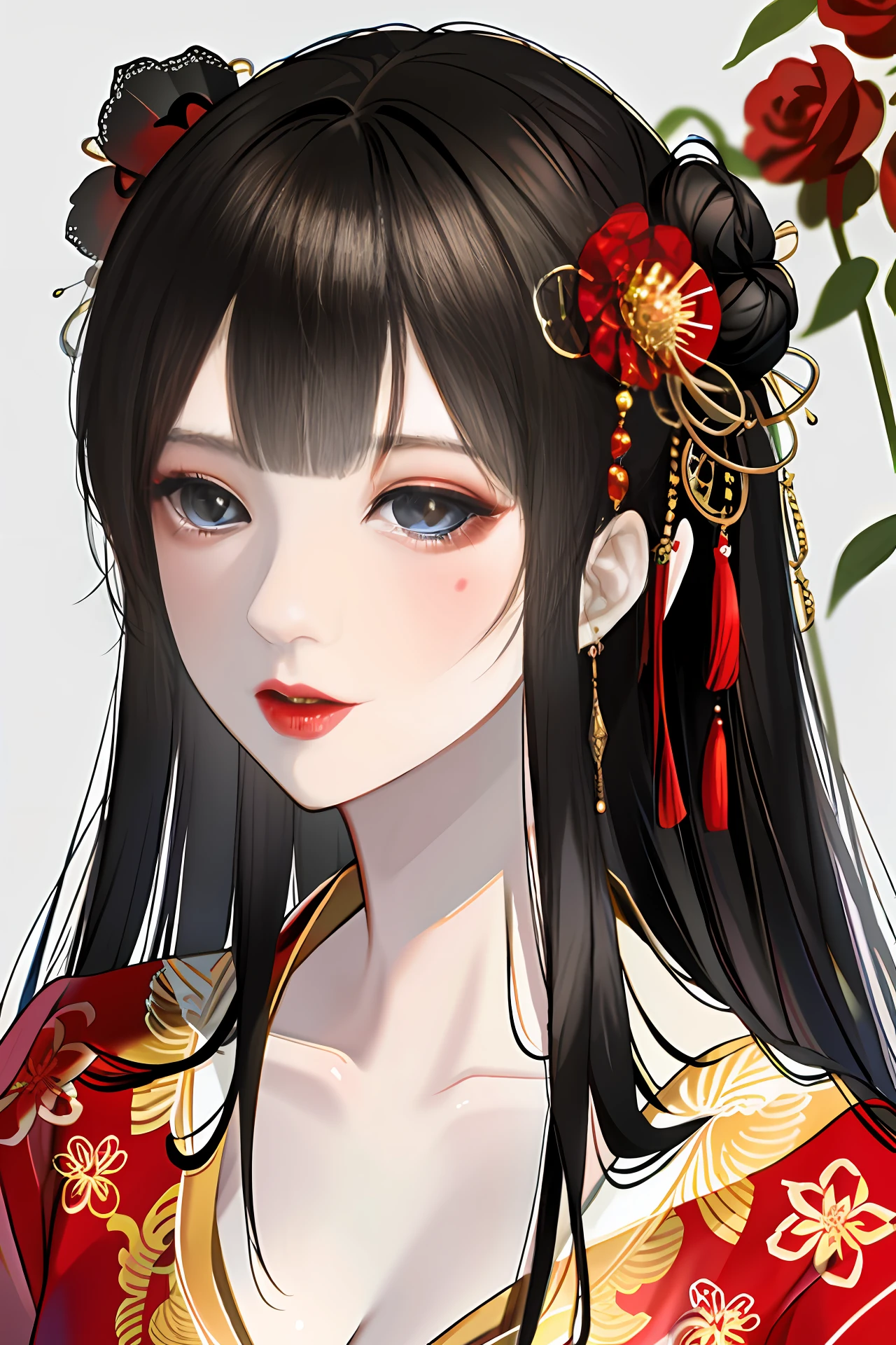 masterpiece,best quality,absurdres,original,extremely delicate and beautiful,beautiful detailed eyes and face,1girl, black hair, flower, japanese clothes, looking at viewer, red flower, solo, (shiny skin),(masterpiece:1.4),(best quality:1.4),realistic