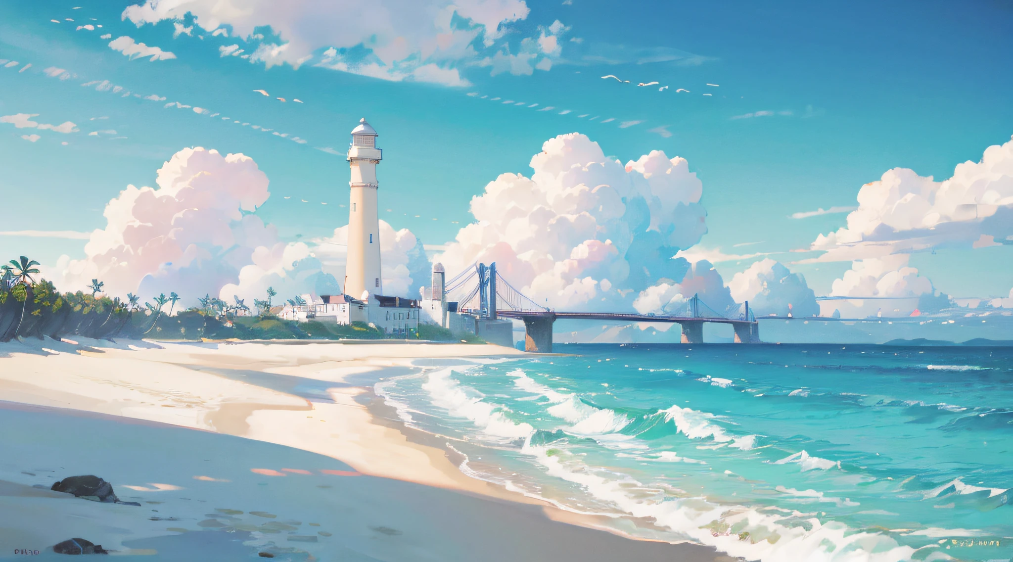 High quality, High detail, Blue sky, beachside，White lighthouse，White clouds,， Glow