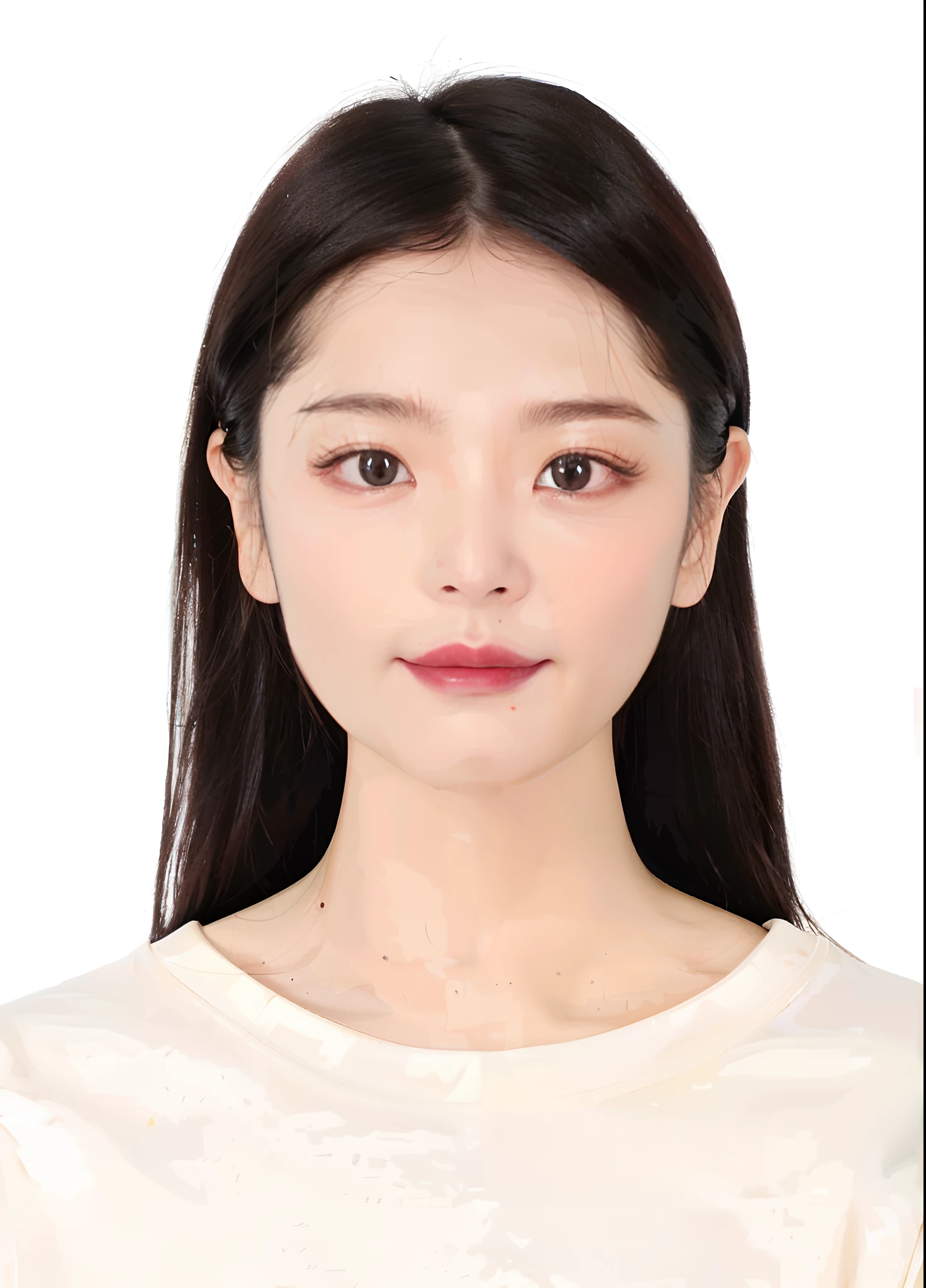 a close up of a woman with long hair and a white shirt, Korean symmetrical face, south east asian with round face, yanjun cheng, Korean face features, young lovely Korean faces, xintong chen, young female face, Elongated symmetrical face, with symmetrical facial features, chengyou liu, Korean woman, young cute wan asian face