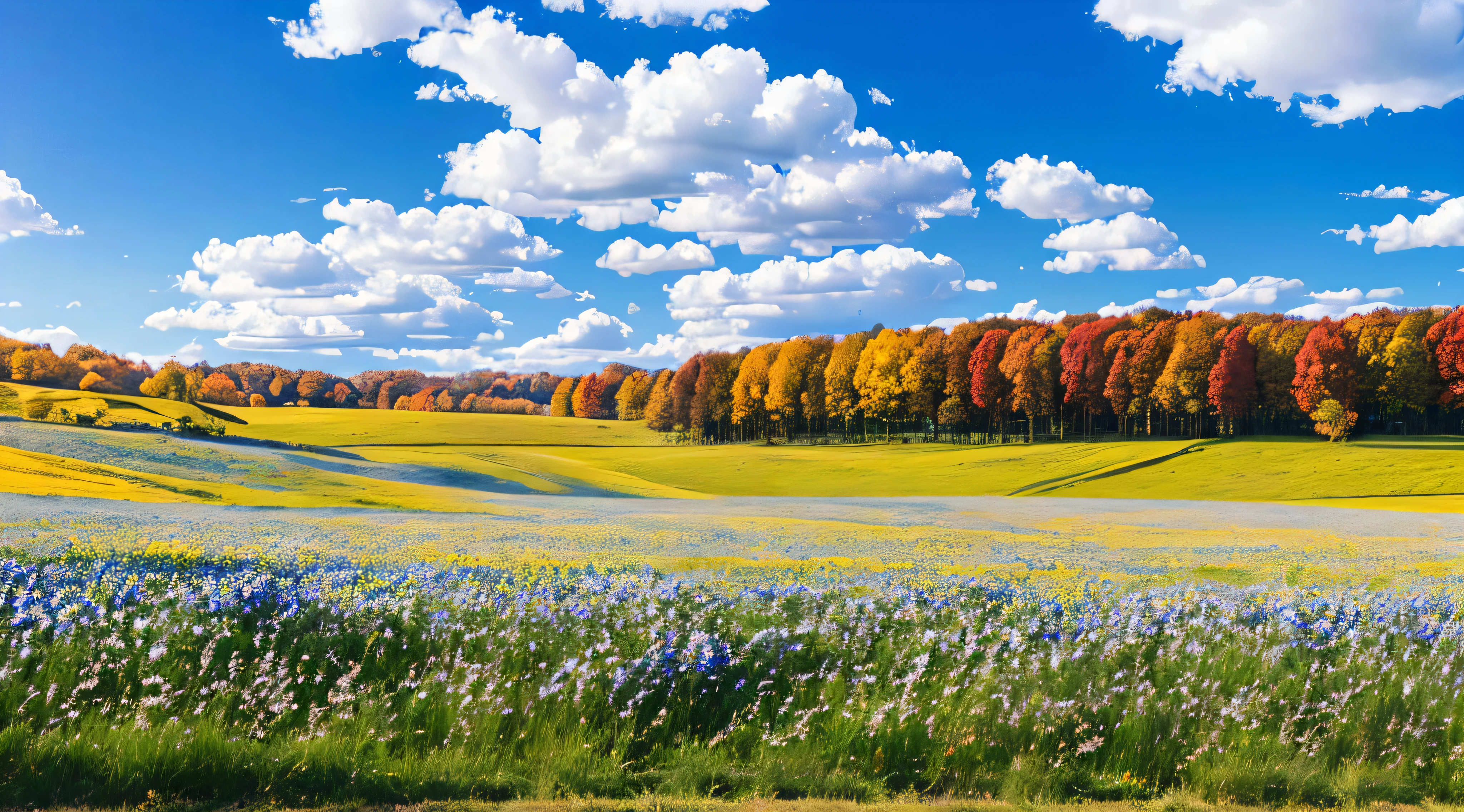 Autumn landscape, meadows, blue sky and white clouds --auto --s2