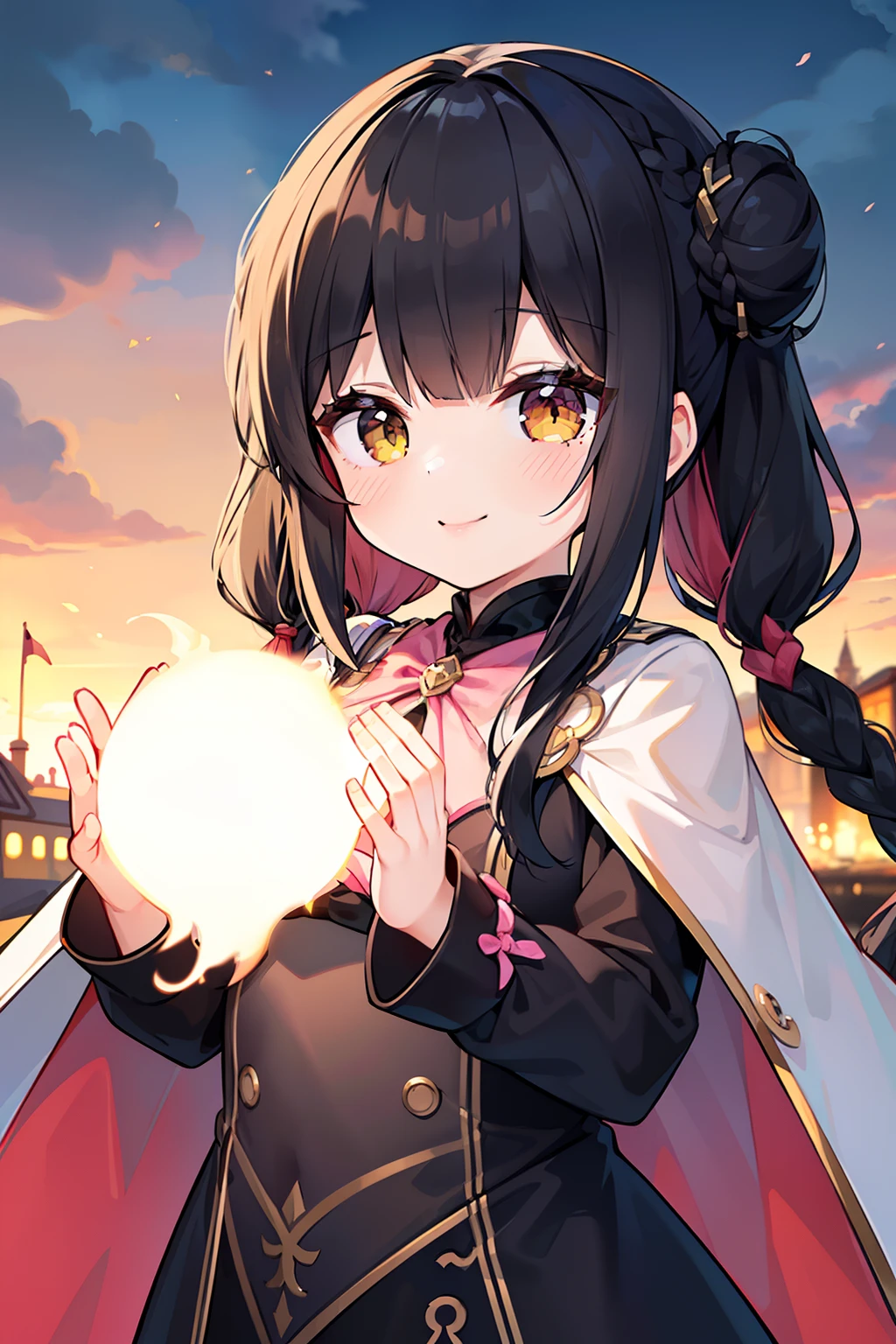 masterpiece, best quality, 1girl, solo, black hair, blunt bangs, (braided buns), ((short twintails)), yellow eyes, (((white))) long cape, black dress, ((pink inside the fabric)), lower one's back, ((bowing down)), (burning town), smoke of fire, (cloudy weather), smiling, ((with one's hands stretched up))