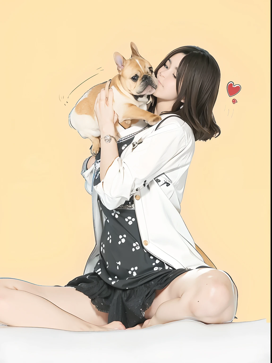 anime girl holding a dog in her arms, Detailed pubic hair，French Bulldog，Warm。