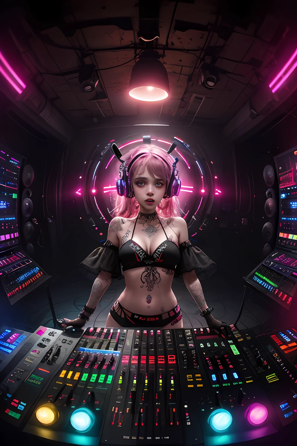 Upper body, A female DJ, Look at the crowd,,Wear a bikini,Tattooed with,Red eyes,White hair, Quirky, Vibrant appearance, Playful accessories, Bright colors,Creative behavior, Rambled, Sensual, Spontaneous, DJ headphones, ((Mixing Console)), glitchpunk girl, raver girl,Music Clubs, night club, Independent cinema, People dancing on dance floor background, Underground danceclub, Underground danceclub,night club, Highest quality, Skin texture, Intricate details, (Cinematic lighting), RAW photo, 8K,Psychedelic surrealist art,Surrealist psychedelic design,dream art style,Illusion psychedelic art, Colorful dark vectors,