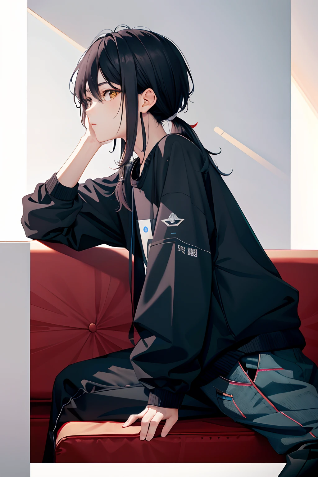 hoang lap，best qualtiy，（1boys：0.5），（1girll：0.25），独奏，hermaphroditism，From the side Side，baggy clothes，looking at viewert，sitting in the couch，He looks twenty years old，Hair is messy，An unpolished look