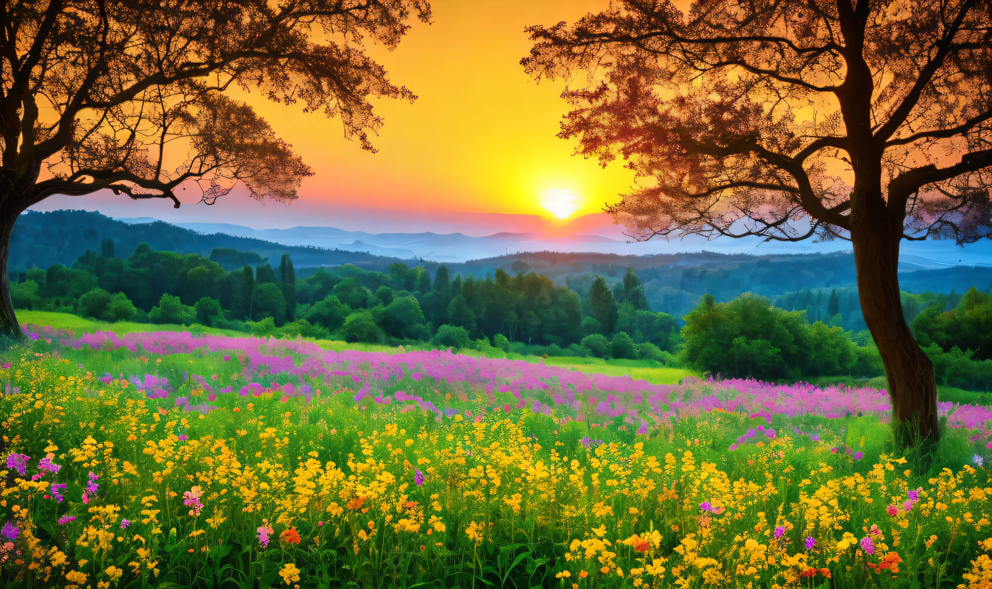 Natural scenery, sea of flowers, sunset, sunset, Gothic architecture, ancient trees,