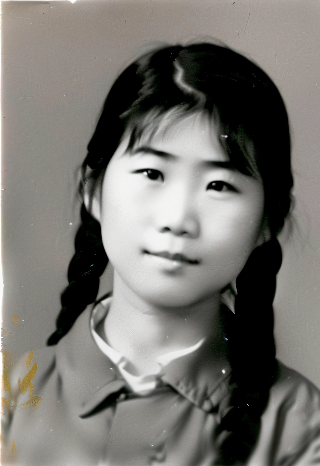 Black-and-white photo of a young girl with pigtails, jiyun chae, Kwak Ji-young, portrait of christy ren, A young Asian woman, Yun Ling, photograph of a woman, Qiu Fang, photo of young woman, photo of Girl, Korean woman, about 3 5 years old, around 1 9 years old