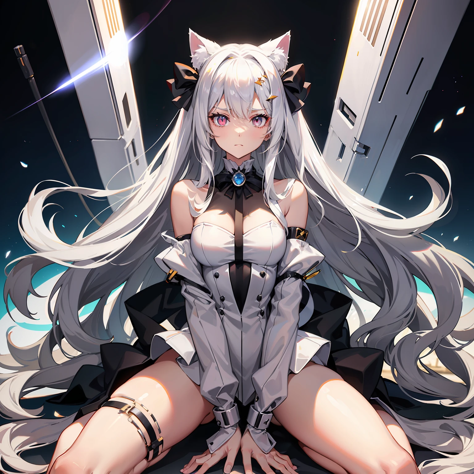 Long white hair，Silver cat ears，Mechanical wind，Laser trench coat，Pink eyes，full bodyesbian，teens girl，gentleness，Air bangs，Glowing skin，Be red in the face，Ribbon headdress，Sit Pose，Look up at the perspective，exquisite facial features，Delicate skin，high-heels，((Silver-white metal city))，Futuristic，Computer Arts