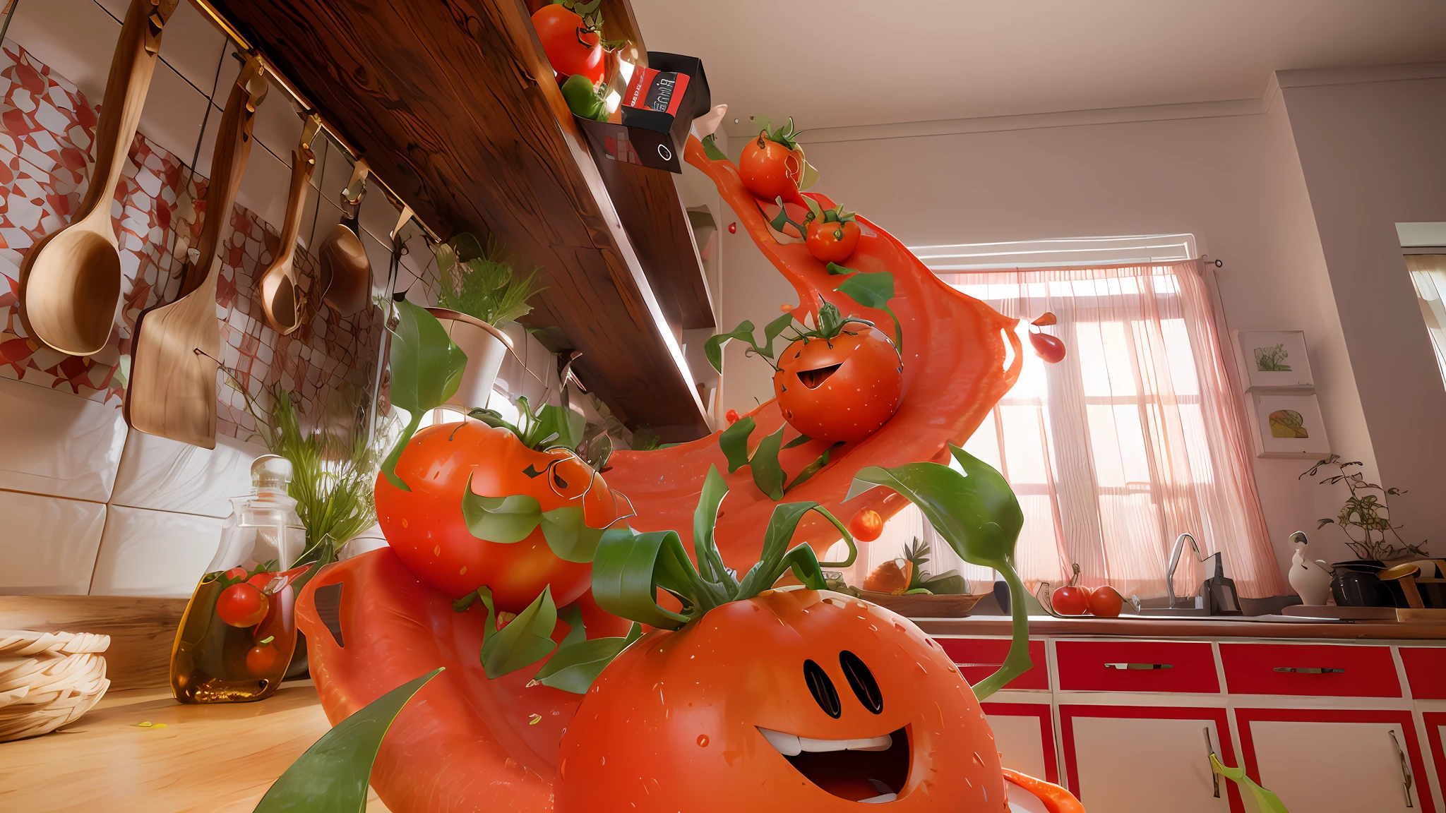 Hay una gran escultura naranja de un tomate con una sonrisa en ella, Monstruo del tomate, Salpicaduras de tomate, Tom Hanks como la mascota de Tomato Hanks, Pixar renderman render, Cuerpo de tomate Forest Gump, Arte CG, Renderizado en Renderman, c 4 d ", Tomates, renderizado en keyshot, Arte Oficial, Render promocional, also tomato, Un hiper realista