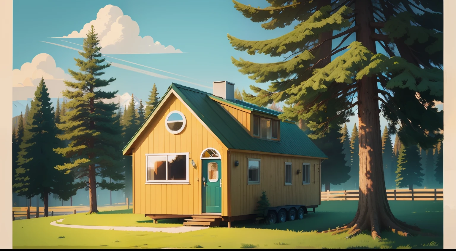 Spruce tree,sunny, colorful, 2D illustration,Vector illustration,high detal, some tiny home behind the trees
