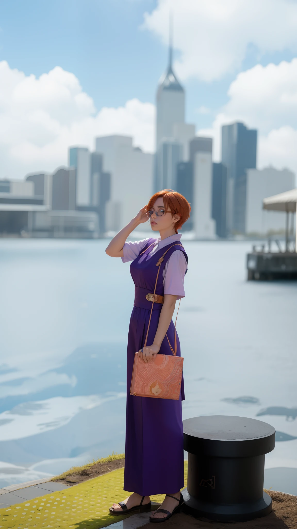 concept art, overhead angle of a Will-o'-the-wisp, wearing Funny Somali Emerald deep orange Pinafore, Caramel hair styled as Short hair, fluorescent purple Hair tie, equirectangular 360, Highres,  [(art by Willi Baumeister:1.1), (art by John T. Biggers:1.2)::17], official art, unity 8k wallpaper, ultra detailed, aesthetic, masterpiece, best quality, photorealistic