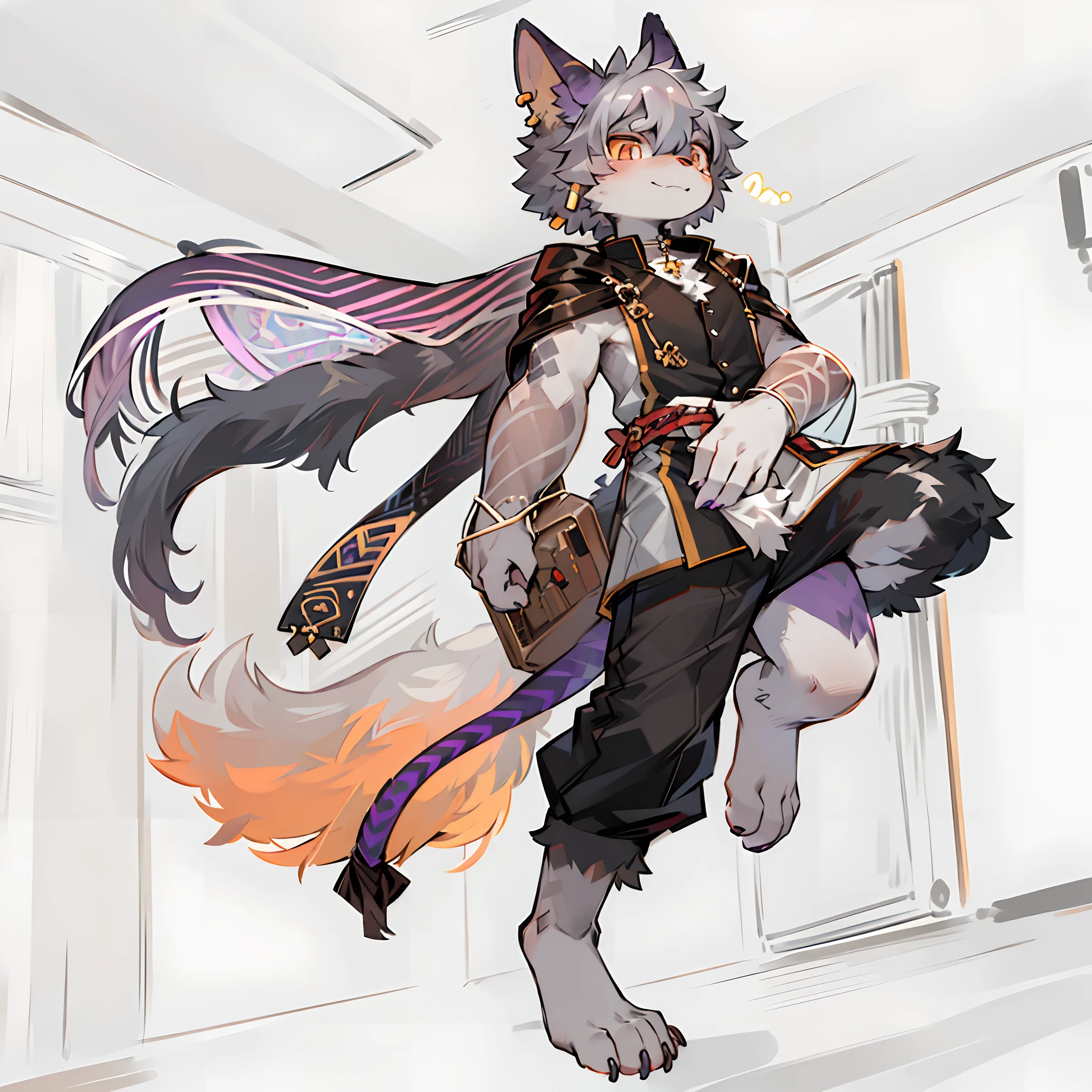 Furry, a sexy white wolf in the middle of the sea at night. Thigh tattoos, light tattoos. The body is a small man, 140cm tall. Wearing a black robe with gold stripes and dragon horns.