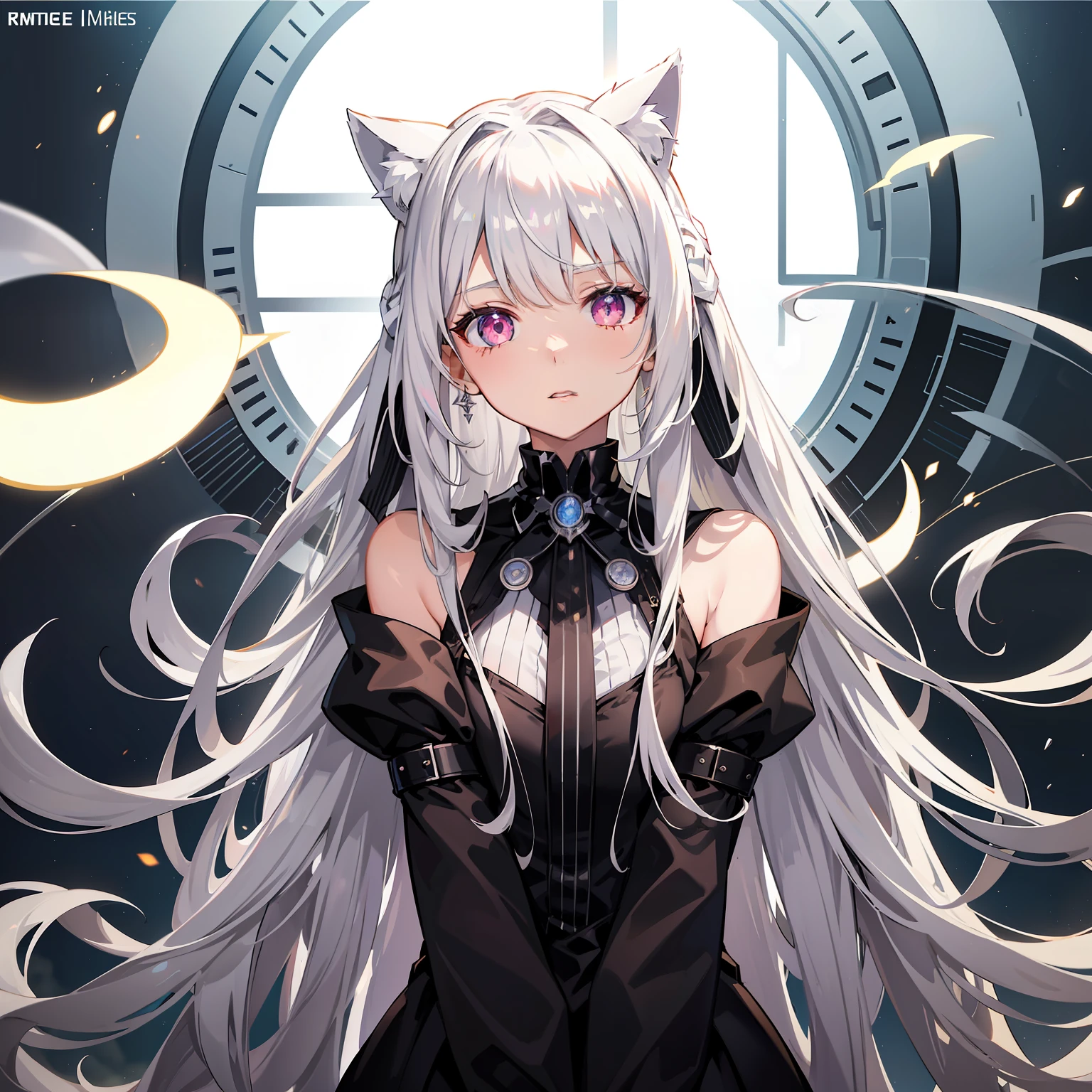 Long white hair,Silver cat ears,Mechanical wind,Laser trench coat,Pink eyes,full bodyesbian,s girl,gentleness,Air bangs,Glowing skin,Be red in the face,Ribbon headdress,Sit Pose,Look up at the perspective,exquisite facial features,Delicate skin,high-heels,((Silver-white metal city)),Futuristic,Computer Arts