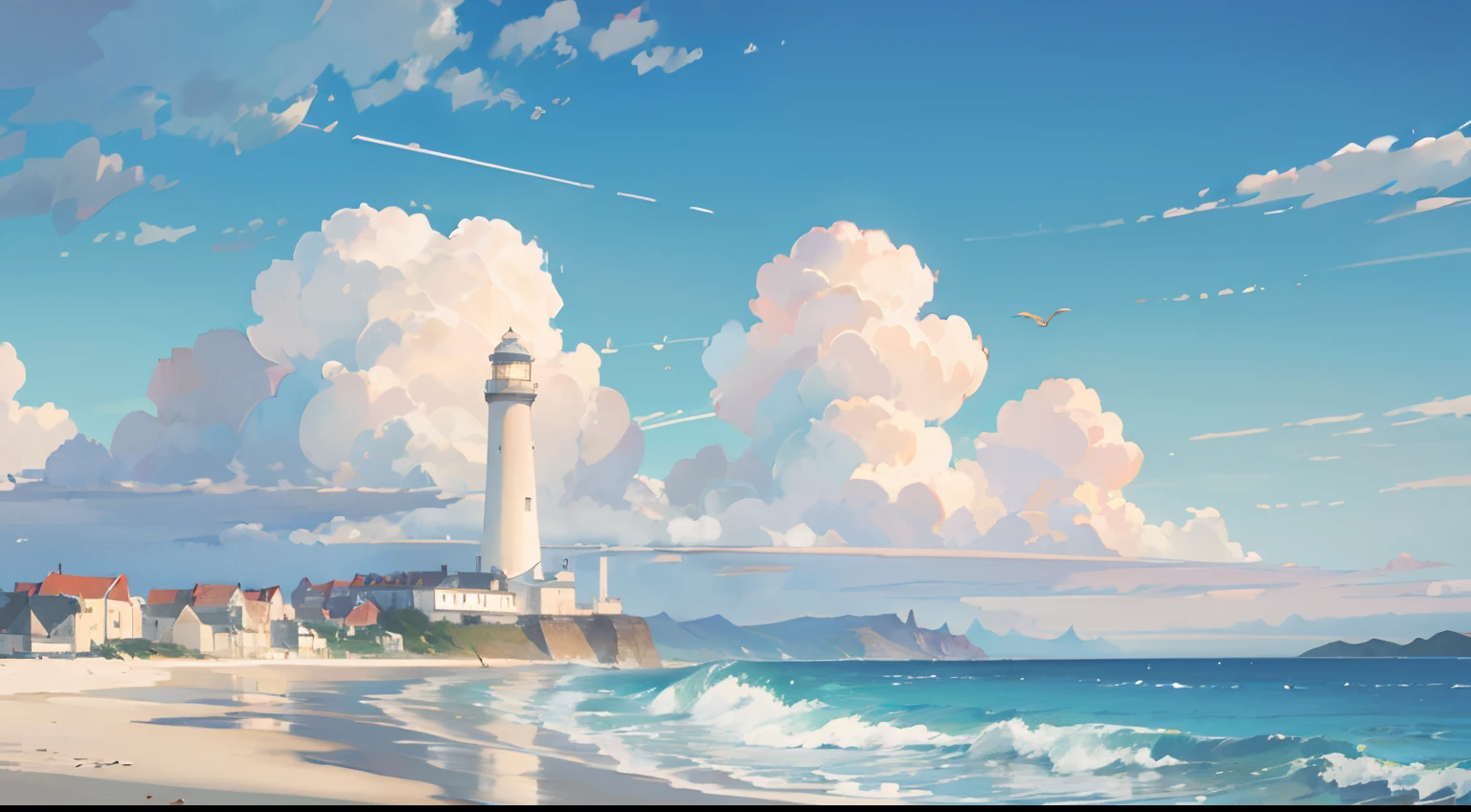 High quality, High detail, Blue sky, beachside,White lighthouse,White clouds,, Glow