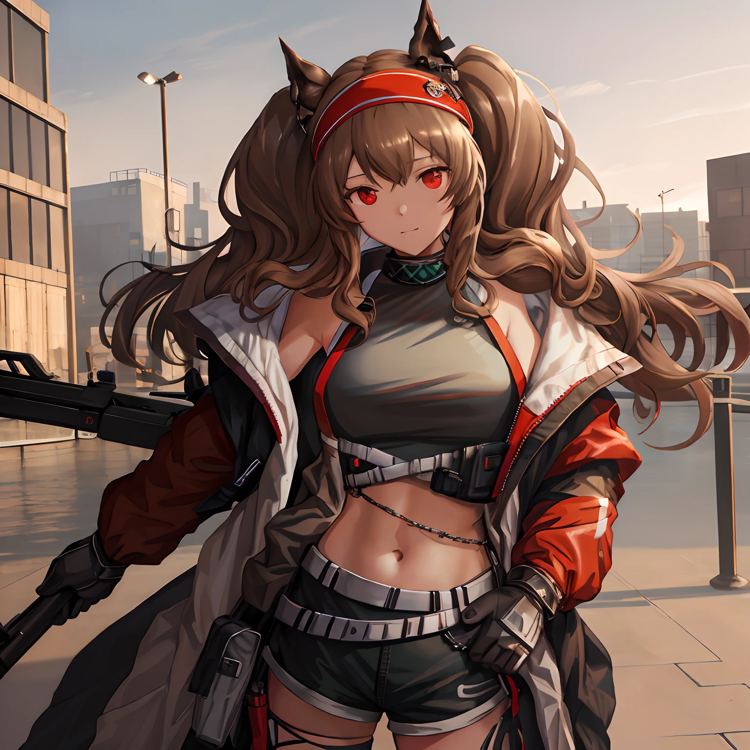 nice hands, masterpiece, best quality, ultra-detailed, 1girl, headband, coat, angelina \(arknights\), arknights, simple background,cowboy shot, outdoors, cityscape, red eyes, drip, {{midriff}}, spread, open jacket, {{crop top}}, anime, nice navel