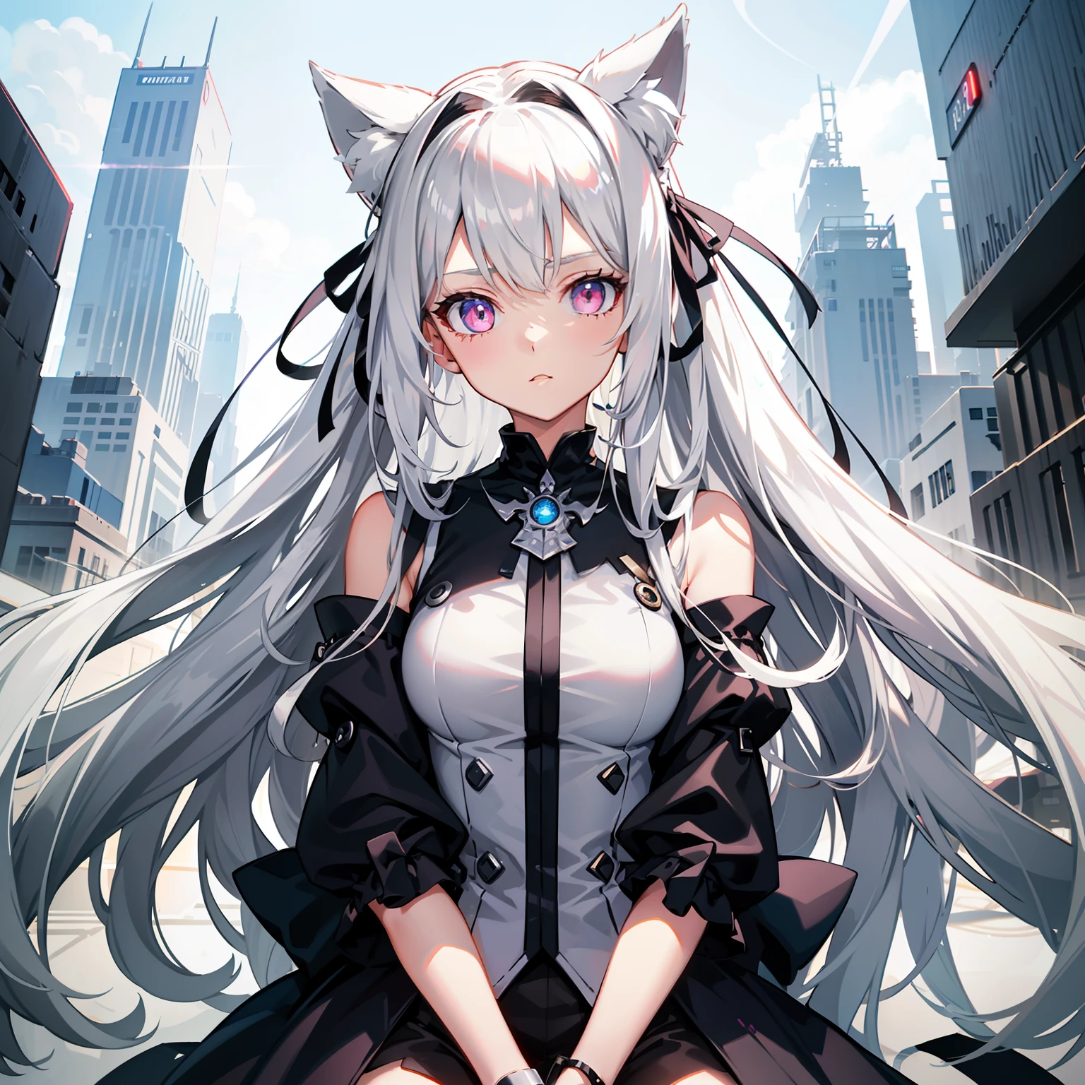 Long white hair，Silver cat ears，Mechanical wind，Laser trench coat，Pink eyes，full bodyesbian，teens girl，gentleness，Air bangs，Glowing skin，Be red in the face，Ribbon headdress，Sit Pose，Look up at the perspective，exquisite facial features，Delicate skin，high-heels，((Silver-white metal city))，Futuristic，Computer Arts