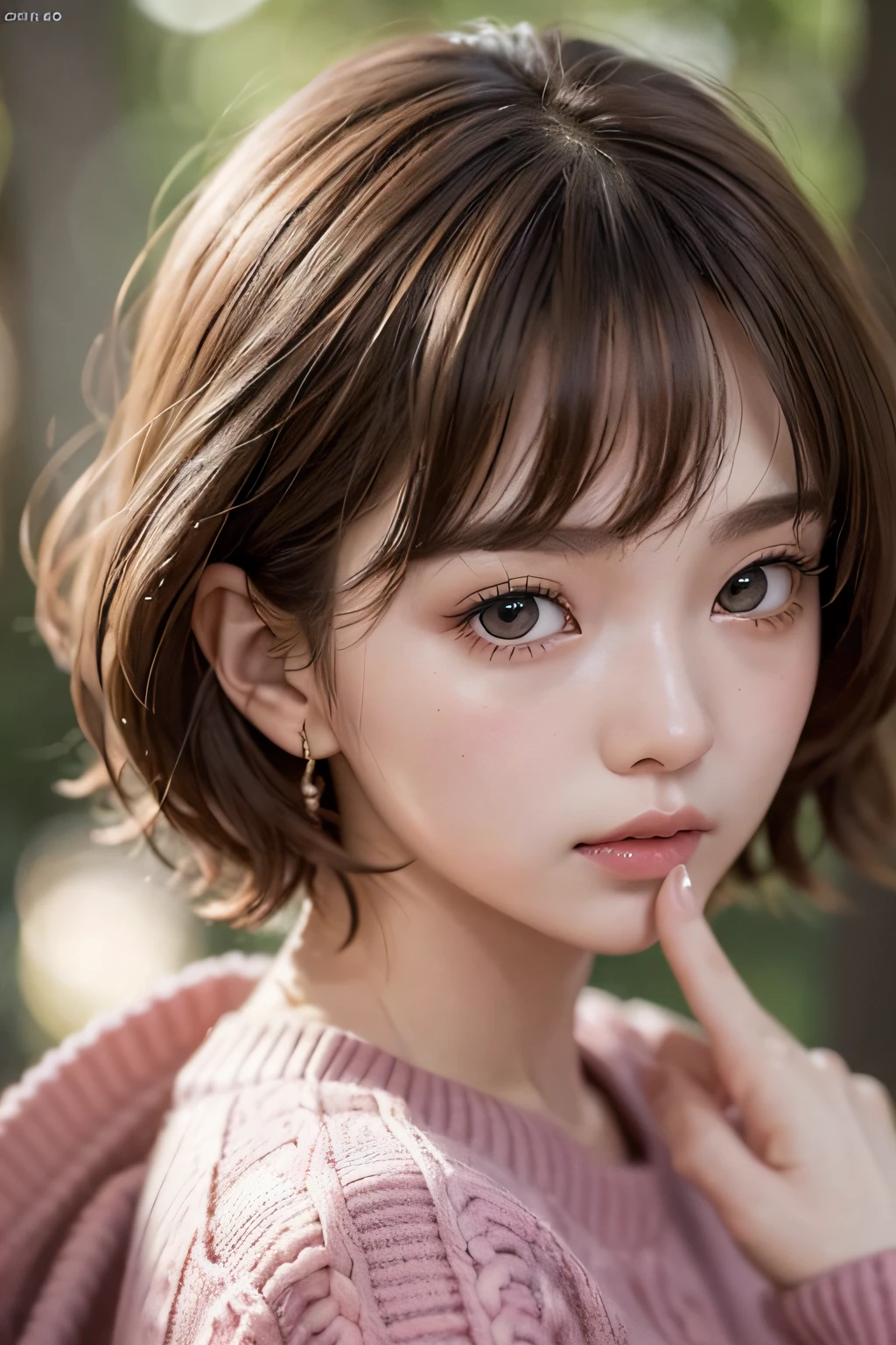 the woods、Sateen、studio lights、depth of fields、The upper part of the body、A slender、cute face、narrow and suspended eyes,、Provocative facial expressions、Beautiful detail eyes、No false eyelashes、short lashes、Japan 、cute little、Warm brown berry short hair、Pink knitted sweater、
