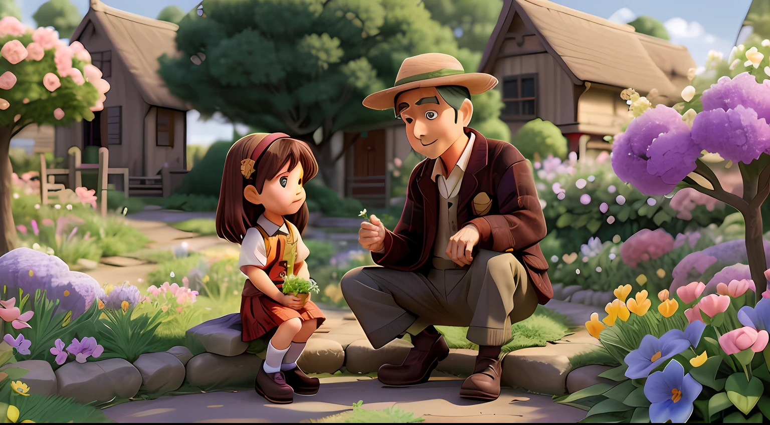 Anime picture of an old gardener talking to a cute little girl smiling in a village garden, a  long-necked water can resting near his legs, with very beautiful flowers of various kinds around them, in buds state, not bloom yet, numerous flowers, space is filled with flowers, no buildings just flowers, many many flowers, various flowers of varying colours