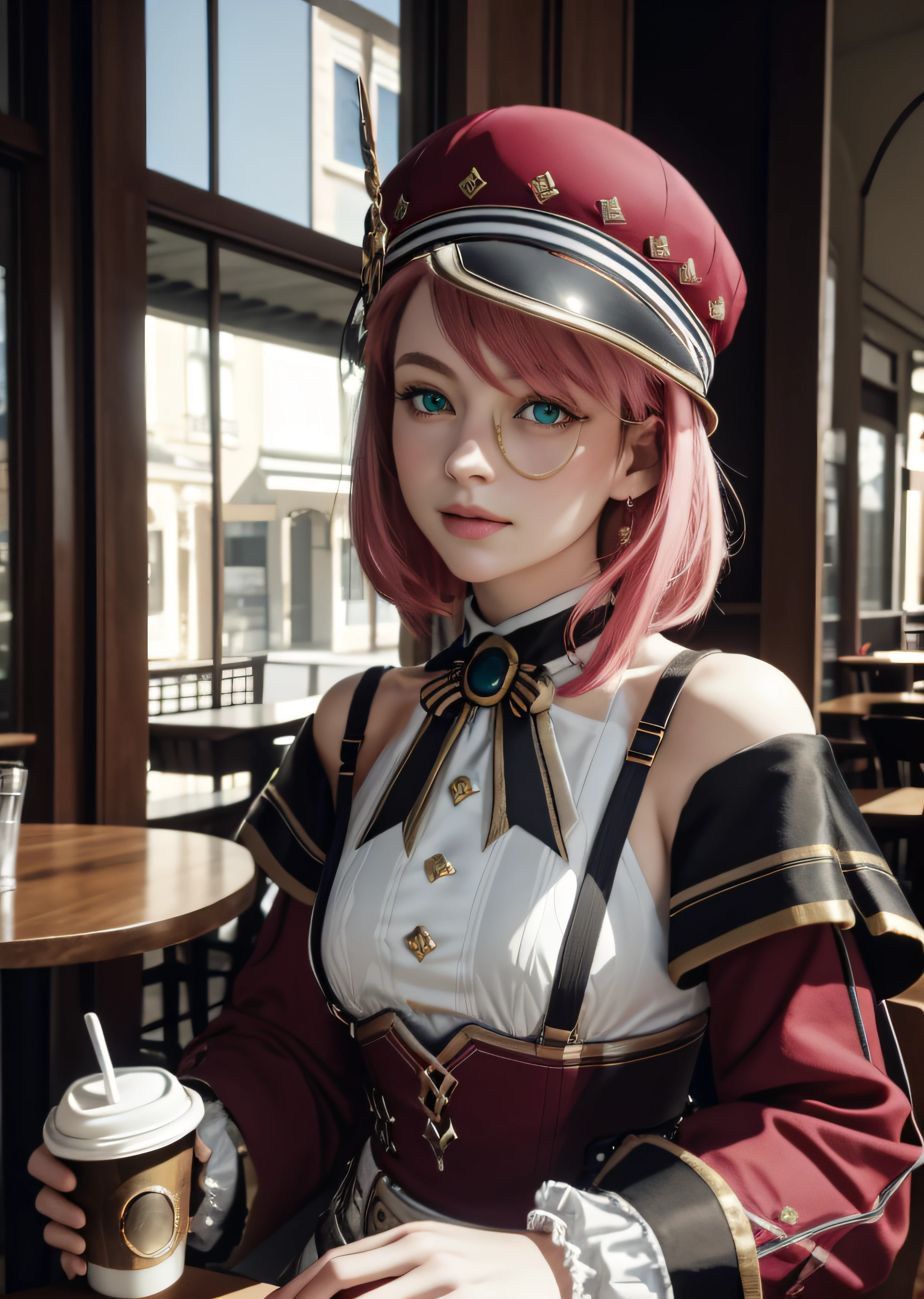 best quality,masterpiece, high res,original, beautiful detailed green_eyes,ultra-detailed, charlotte_\(genshin\), short 1girl , hat, red headwear, monocle, short pink_hair, white_gloves, red_jacket, long_sleeves, off_shoulder, shirt, bare shoulders, cowboy shot, (Smiling:0.5) (Highly detailed face:1.4), Nikon D850, film stock photograph ,4 Kodak Portra 400 ,camera f1.6 lens ,saturated colors ,hyper realistic ,lifelike texture, dramatic lighting , Cinestill 800, jour, Vintage lighting, beatiful face, In the city, in a café, he sits at a table and drinks coffee, bokeh, Motion blur, pale skin