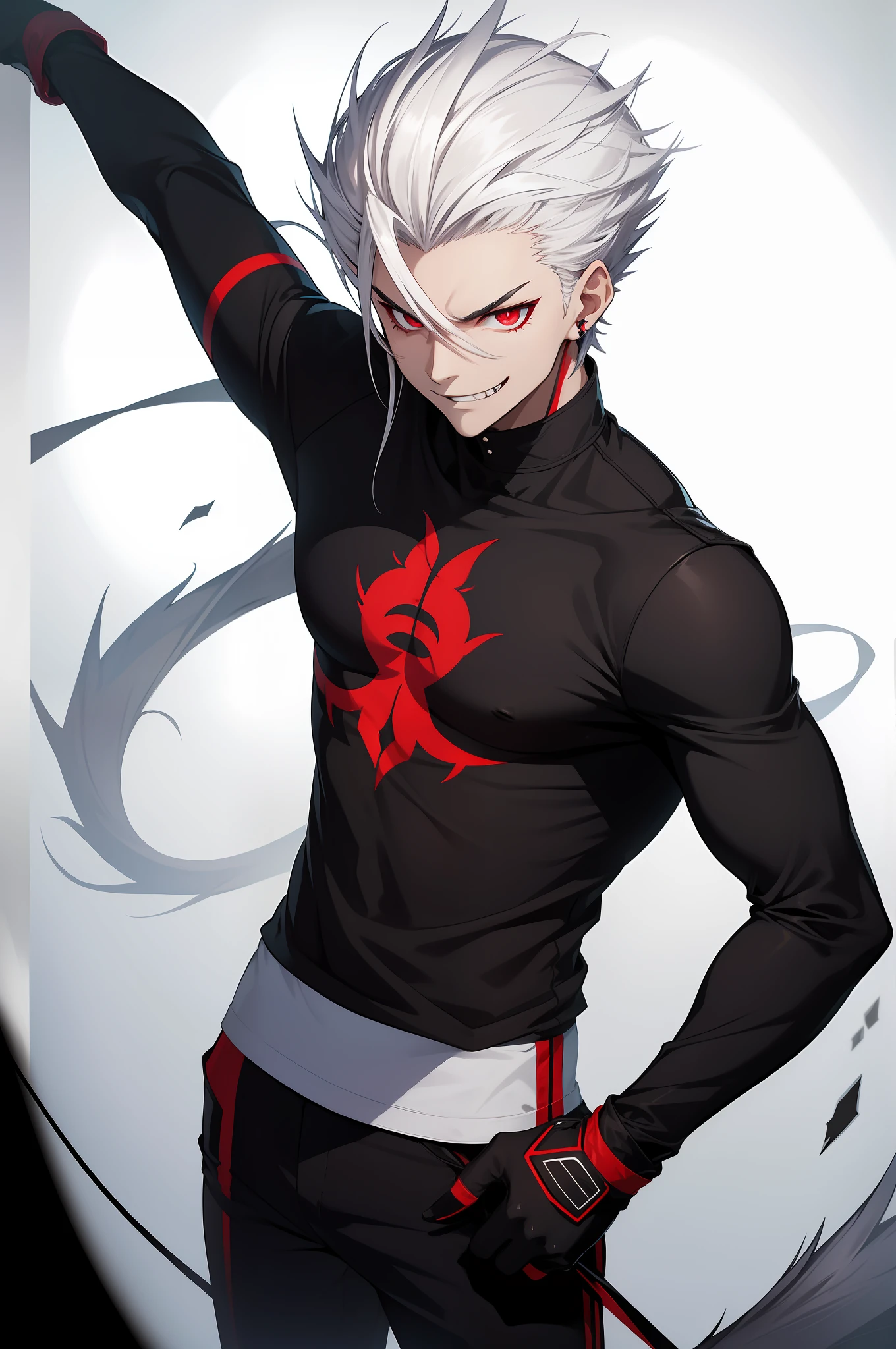 solo male, black t-shirt, white hair, spiky hair, red eyes, black gloves, white pants, evil smile, slim