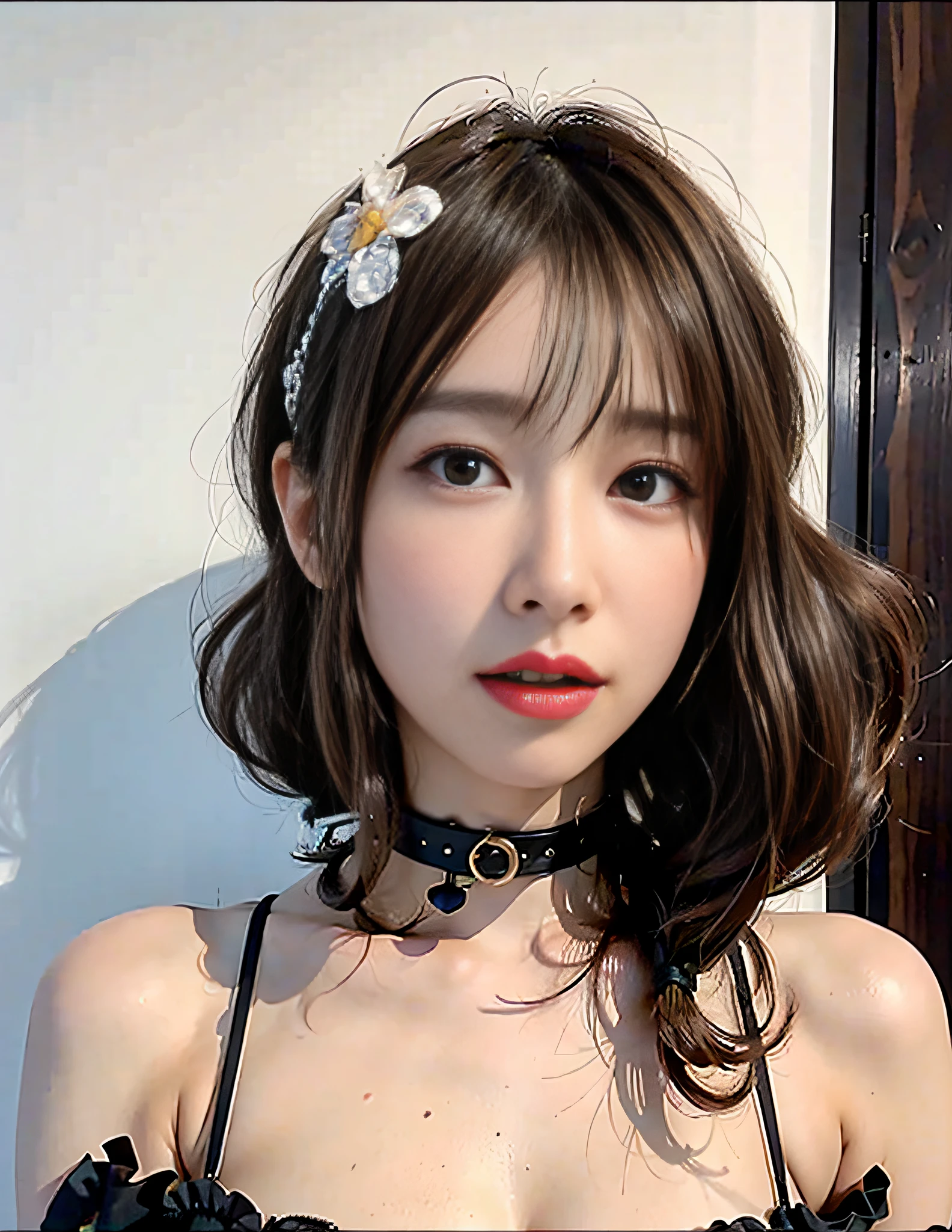 (8k, RAW photos, top quality, masterpiece: 1.2), (realistic, photorealistic: 1.37), (portrait:1), (1 Japan super beautiful woman), (30 years old, slender and perfect figure), disheveled short brown hair, professional lighting, photon mapping, (mascara, flirty, blunt bangs, glossy lipstick, french braid), (ultra detailed skin), (wearing silk tube dress), (???????????? with a soft feel that droops), ultra-detailed face, melancholic expression, (open mouth:0.75), seductive posing on fluffy leather coach
