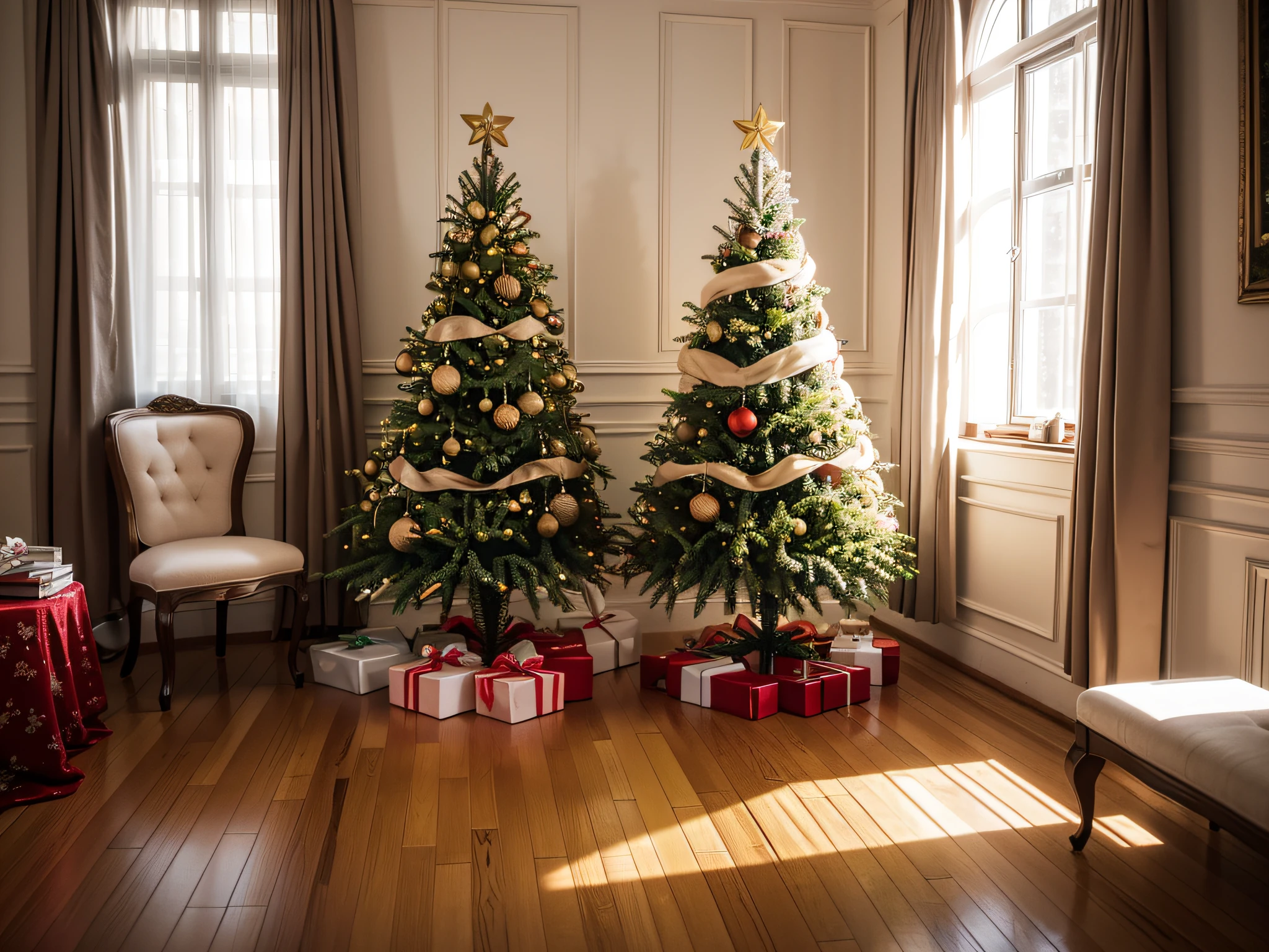 Christmas theme, inside in room, liveroom,brightly,white backgrounid, surrealism, Cinematic lighting, Sony FE, Sony FE GM, 35mm, hyper HD, retinas, Masterpiece, ccurate, Super detail, High details, High quality, Award-Awarded, Best quality, A high resolution