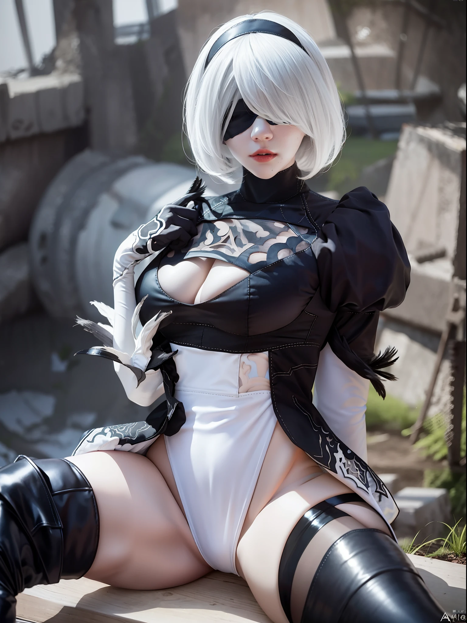 Mujer con cabello rubio, and latex suit posing on a wooden platform, 2 b by Automata of Nier, 2b by Automata of Nier, 2 b, 2b, 2b NEGAR automata, NEGAR : automata inspired, NEGAR:automata inspired, nier inspired, Film frame 2B Automata of Niger, nier 2 b, Nier Automata, piel blanca brillante, cosplay, sexy with big tits and drooping