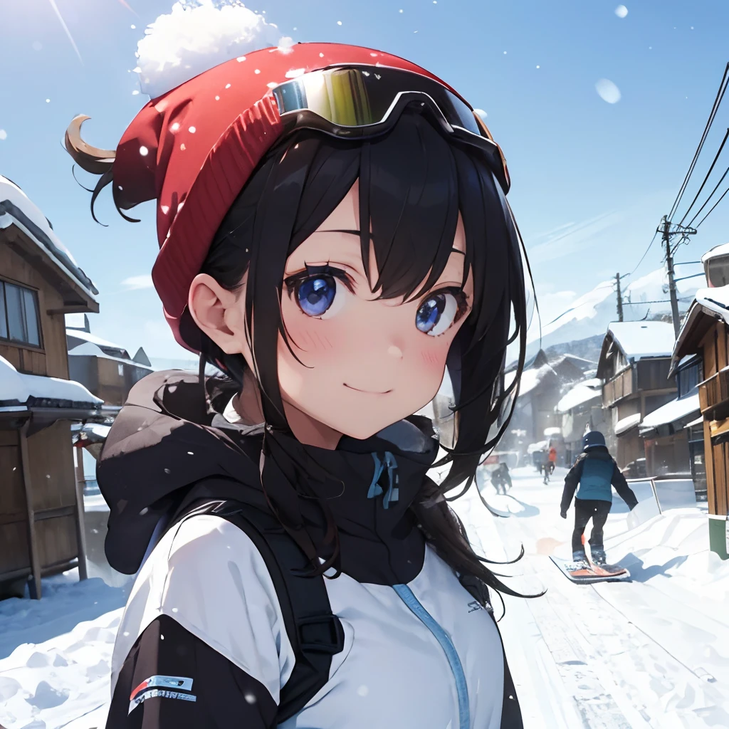 beautifu girl, skiing, selfie, open mouth, smile, iridescent light,glow light, sun light, lens flare,speed, motion blur,