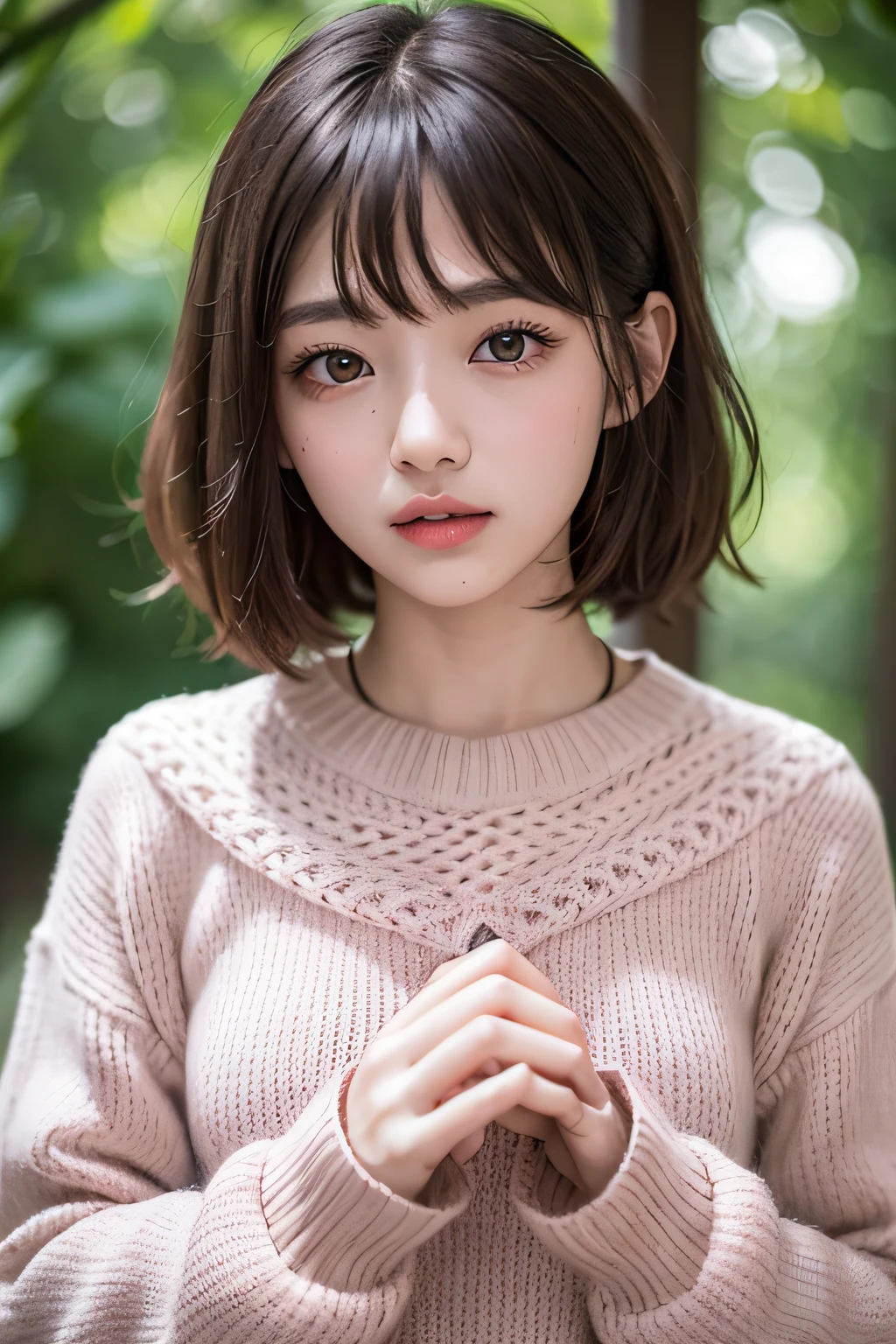 the woods、Sateen、studio lights、depth of fields、The upper part of the body、A slender、cute face、Narrow-eyed,Embarrassed look、Beautiful detail eyes、No false eyelashes、short lashes、Japan 、cute little、short hair with warm brown berries,、Pink knitted sweater、