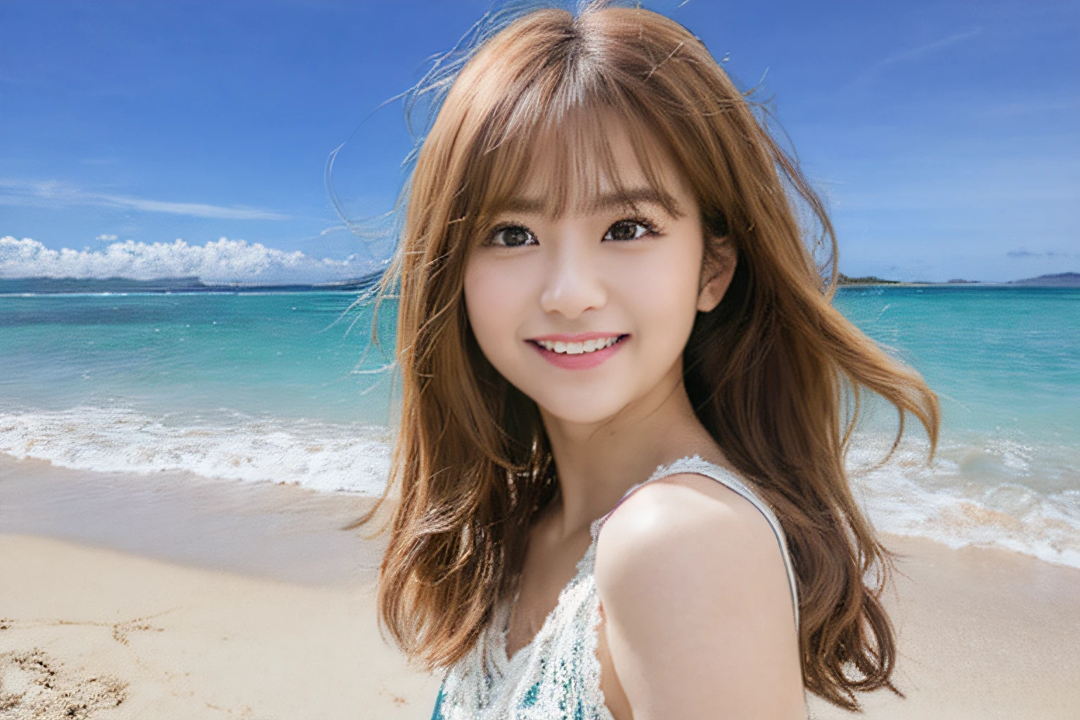 best quality, masterpiece, ultra high res, (photo realistic:1.4), full body, Stand on the beach near the sea, shoulder length hair, Japan idols, Cute Japan actress, Beautiful young Japan woman, Young adorable Japan face, portrait of japan idol, beautiful japan female