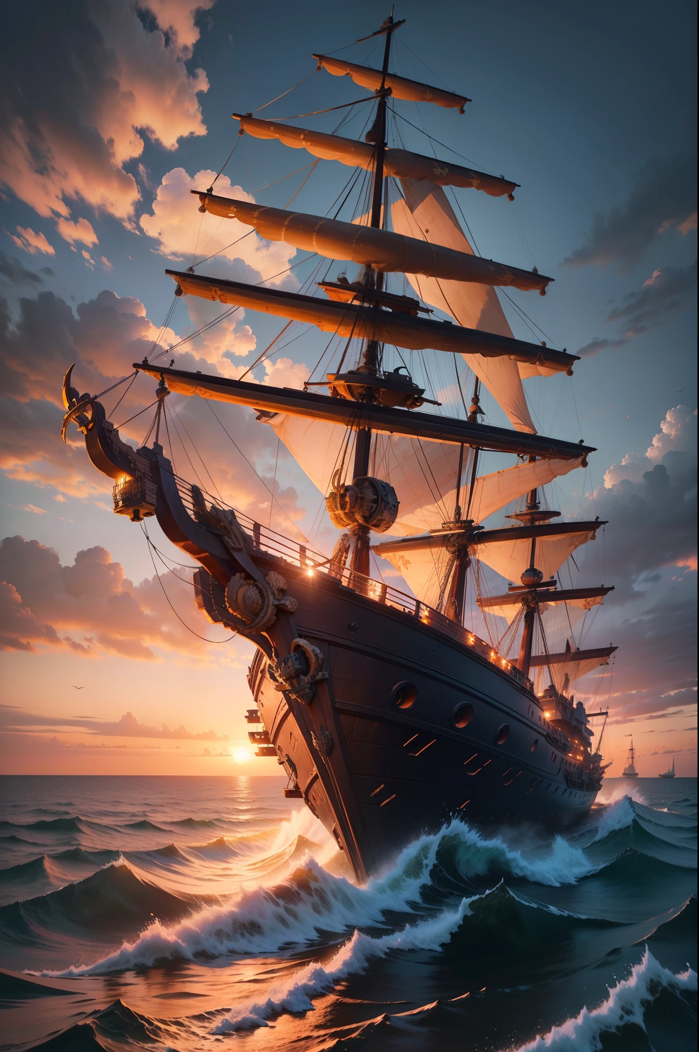 Set against a stunning sunset, a (huge tall ancient wooden galeon:1.5) braves the wild seas. The sky is ablaze with hues of orange and red, contrasting with the majestic sails of this ancient ship dominating the picture. flying dutchman, sovereign of the seas, seven provinces, eendracht, photorealistic, scenery,absurdres,hyper realistic lifelike texture dramatic lighting unrealengine trending on artstation,award winning photo,nikon RAW photo,8k,masterpiece, best quality, cinematic, detailed, realistic, 8k uhd, high quality, (****), eldritch, misty, volumetric lighting, horror, nightmare, night,the night--DPM++ SDE Karras