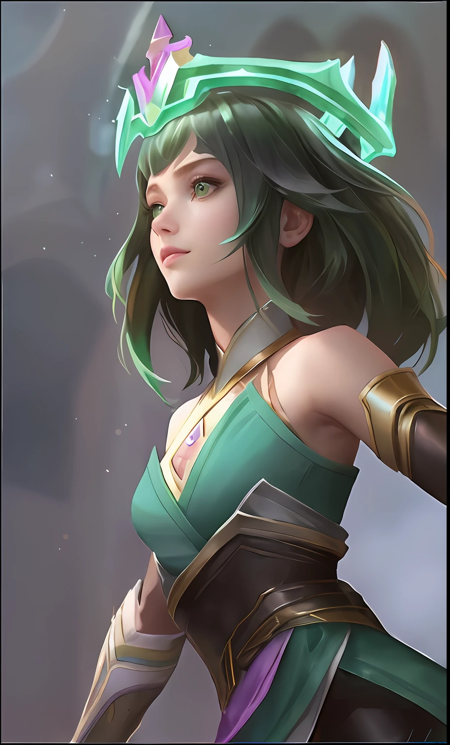 (Cinematic Photo:1.3) of (Ultrarealistic:1.3), a photography, HD, photo, woman, beautiful green armor, mdjrny-v5, style portrait of a gorgeous green hair color female in the style of stefan kostic, realistic, half body shot, sharp focus, 8 k high definition, insanely detailed, intricate, elegant, art by stanley lau and artgerm, extreme blur flames background, Princess girl with green crown with purple gradient, Green, Pastel, glitter, dramatic, dreamy, pastel, Watercolor, Whimsical, Delicate, Trending on Artstation, Highly detailed, Intricate, Portrait, digital painting, Fantasy theme, Fantasy robes, Fantasy concept art, Fantasy character art, Smug, age girl, perfect body, half body, dreamy, pastel, Watercolor, Whimsical, Delicate, seashell crown masterpiece, 8k, perfect lighting, adult, female, cinematic lighting, Fawn,Highly Detailed
