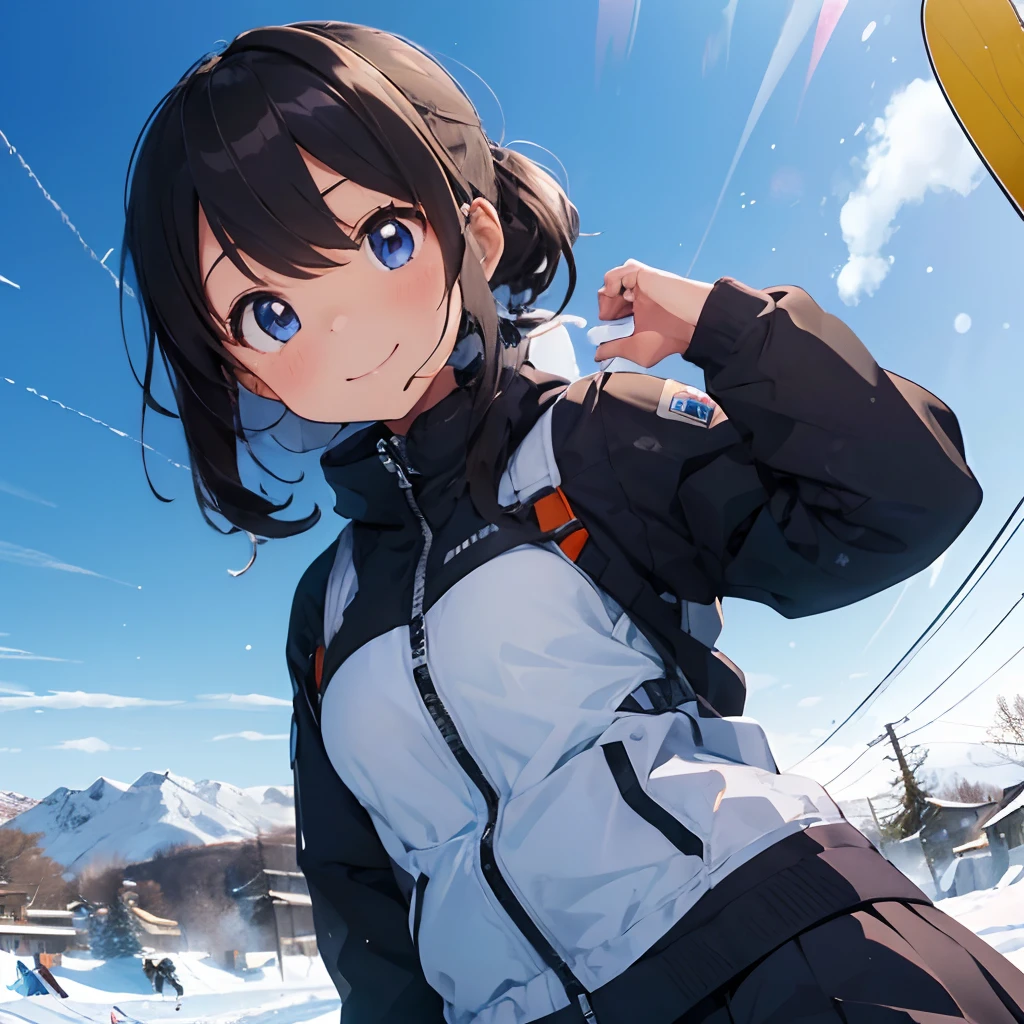 masutepiece, Best Quality, 8K_Wallpaper, (Beautiful eyes), ((Cute)), Cute, (lovely), (Ski resort on a sunny day),1girl in,small tits,1 schoolgirl、Smile,facial close-up、portlate(((a ski)))、(((snow board)))、Ski resort on a sunny day、snow board、(((Chasing the person in front of you on a snowboard)))(((Loose clothing)))