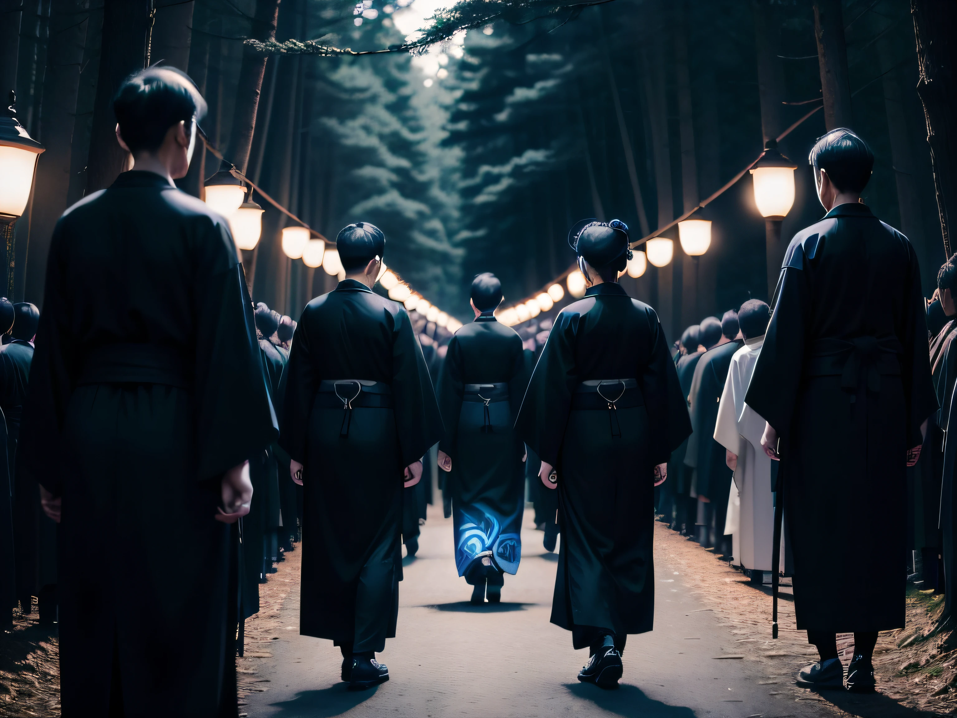 Procession of people in black kimonos in the forest at night、Overall color：Blue-dark
