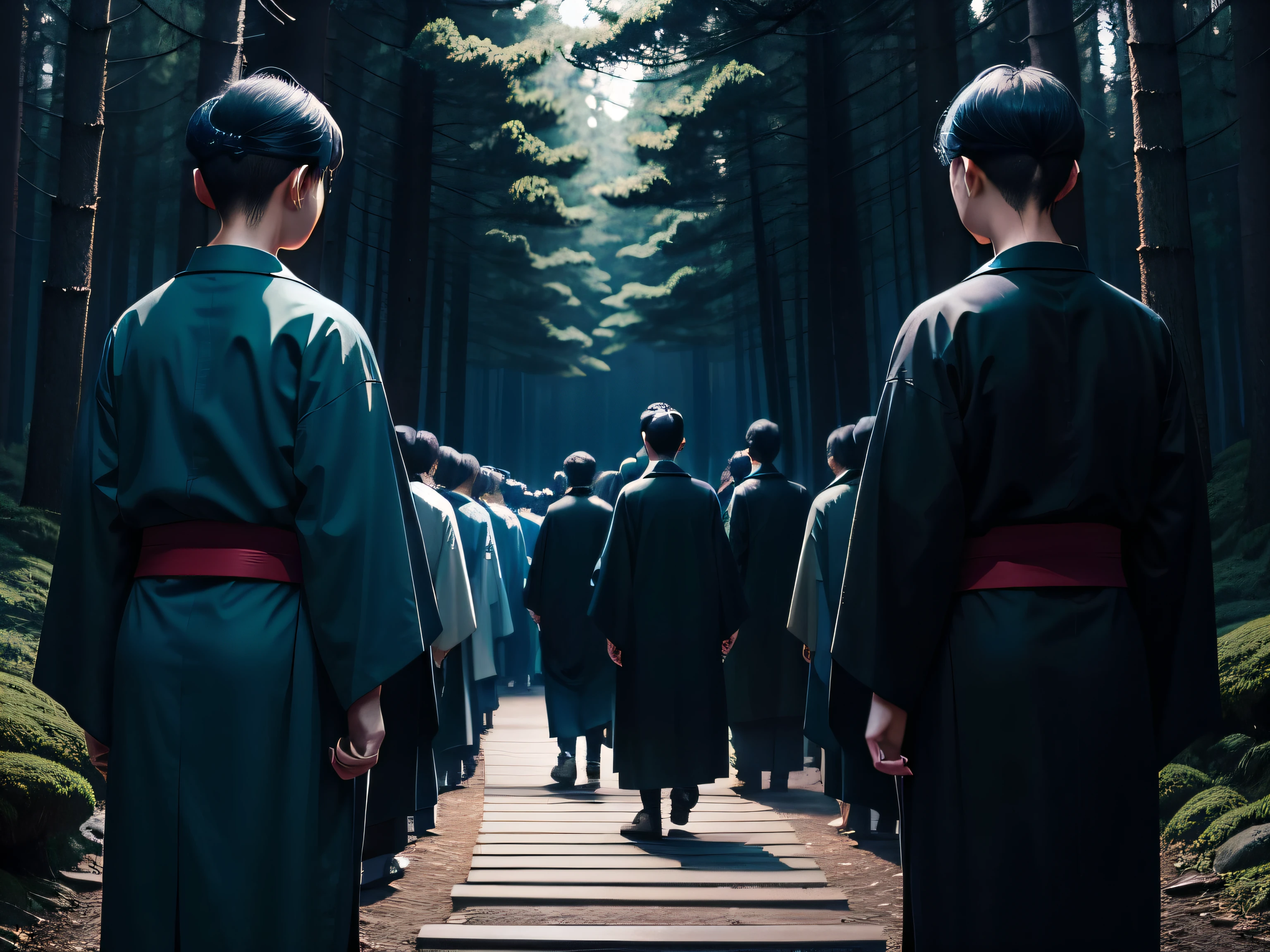 Procession of people in black kimonos in the forest at night、Overall color:Blue-dark